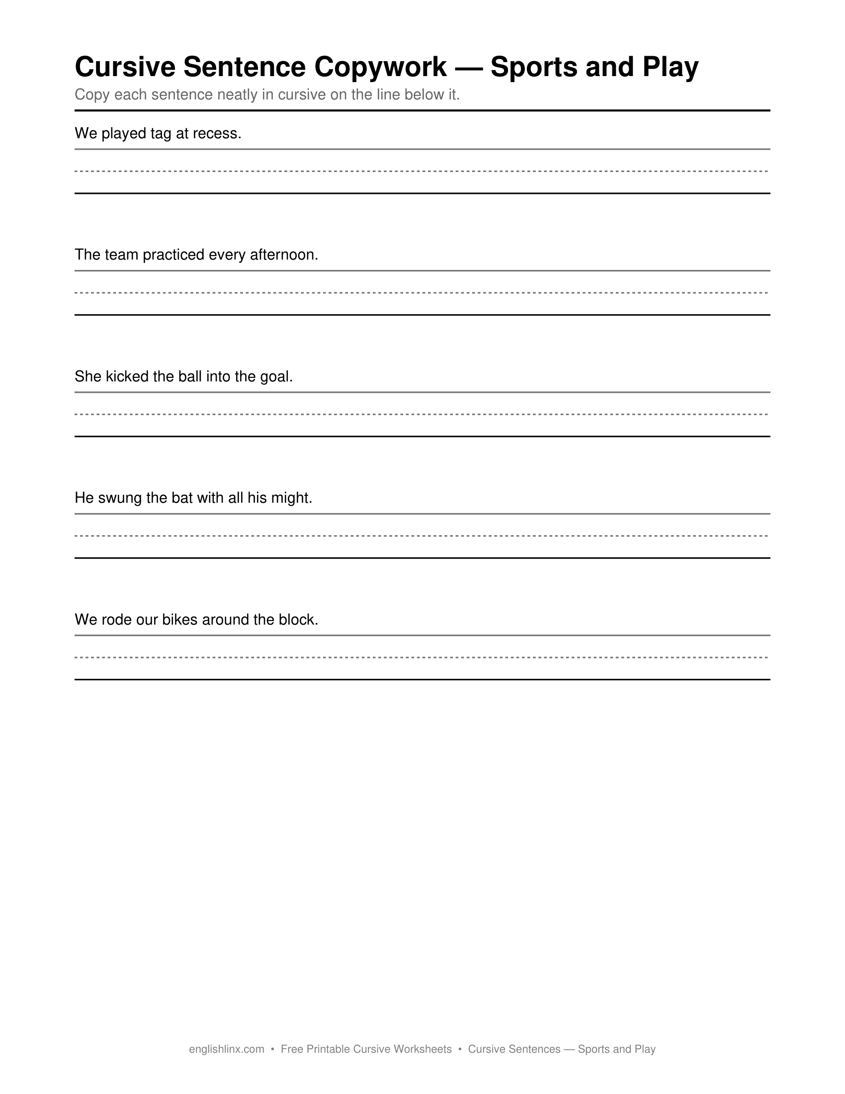 Sports and Play Cursive Writing Worksheets