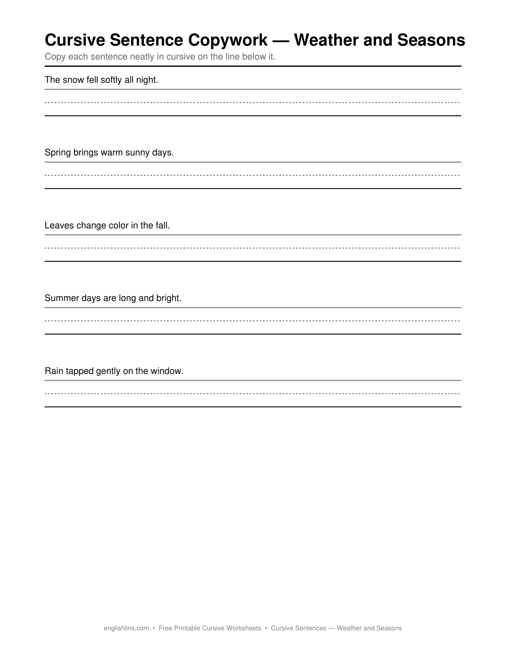 Weather and Seasons Cursive Writing Worksheets