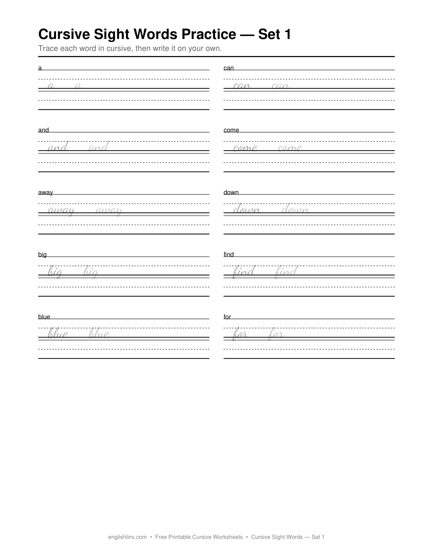 Practice Set 1 Cursive Writing Worksheets