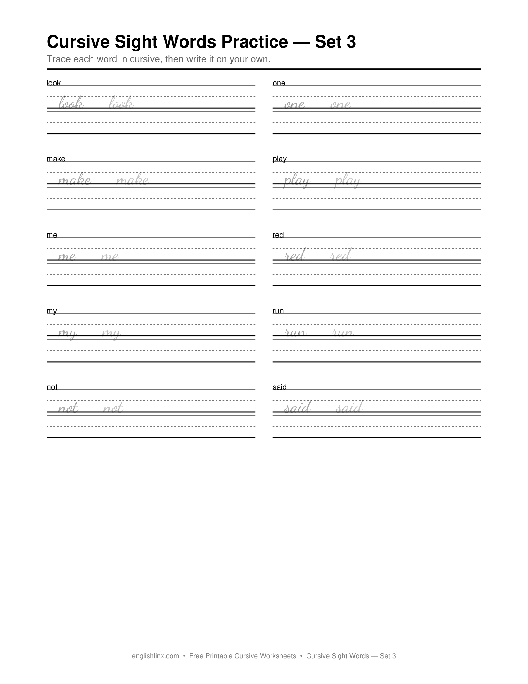 Cursive Sight Words Practice Set 3