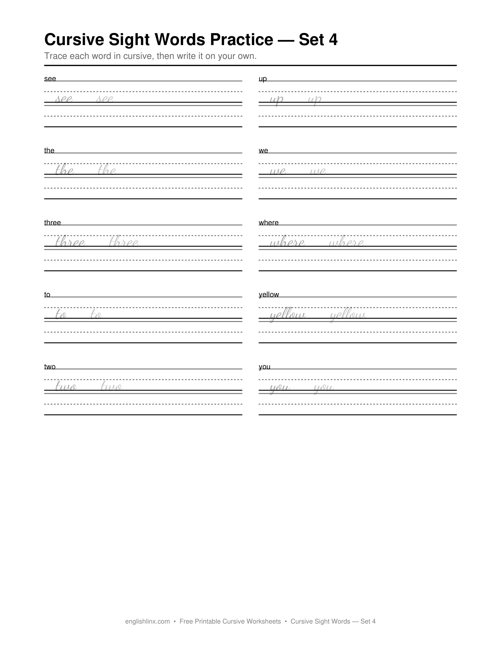 Cursive Sight Words Practice Set 4