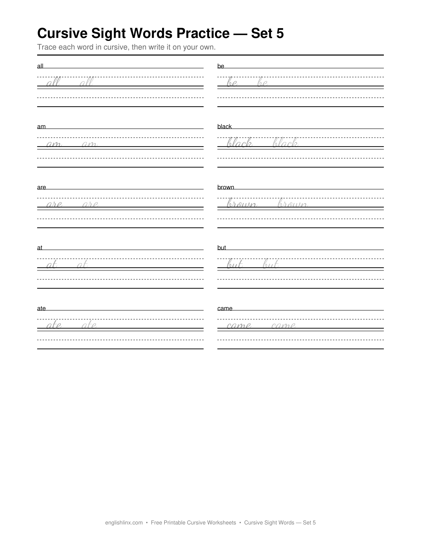 Cursive Sight Words Practice Set 5