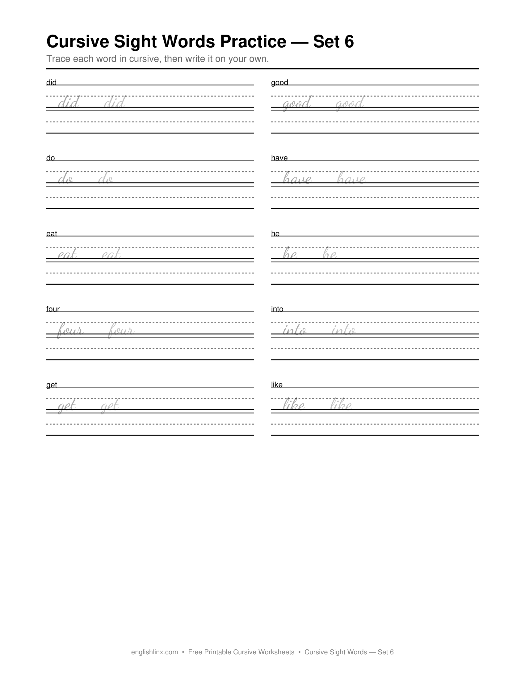 Cursive Sight Words Practice Set 6