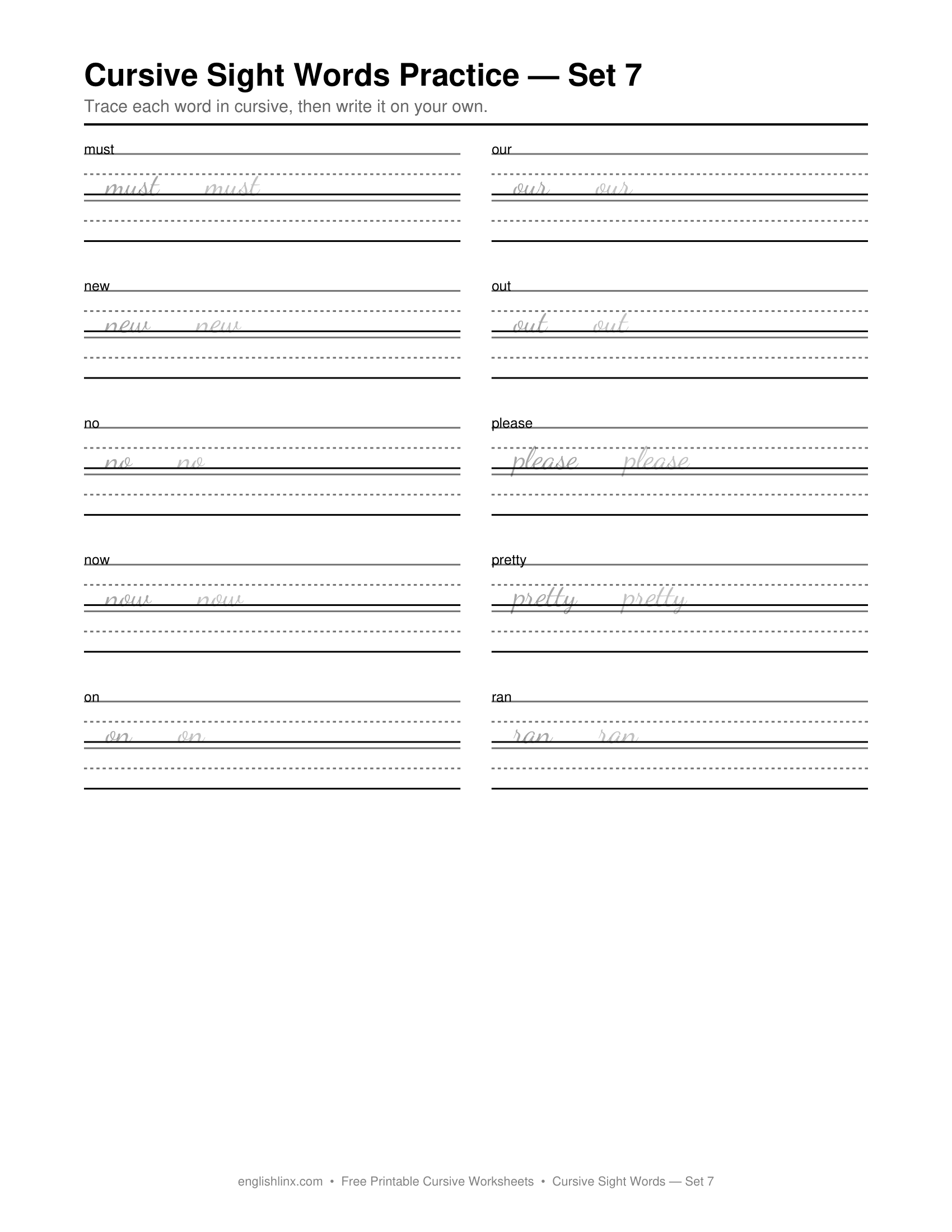 Cursive Sight Words Practice Set 7