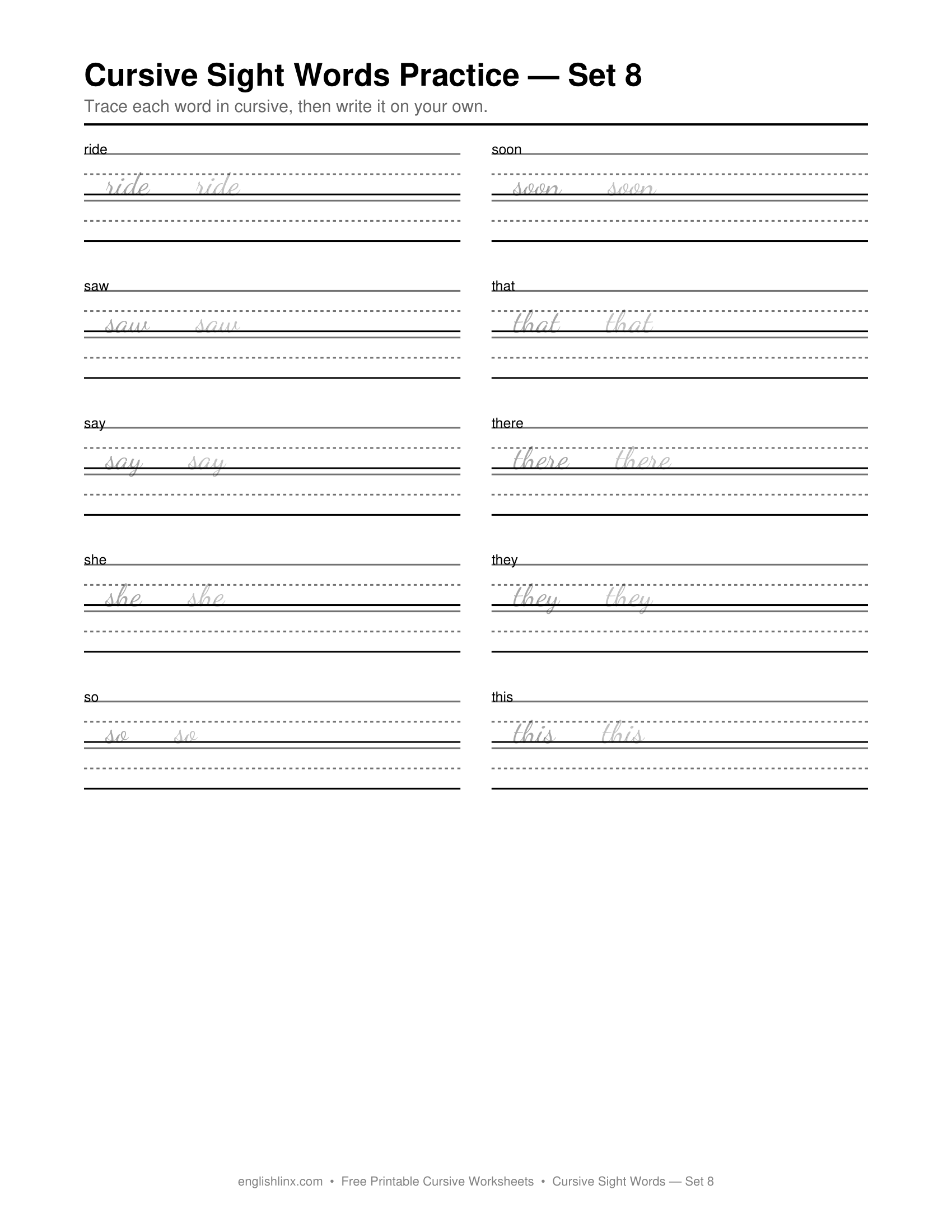 Cursive Sight Words Practice Set 8