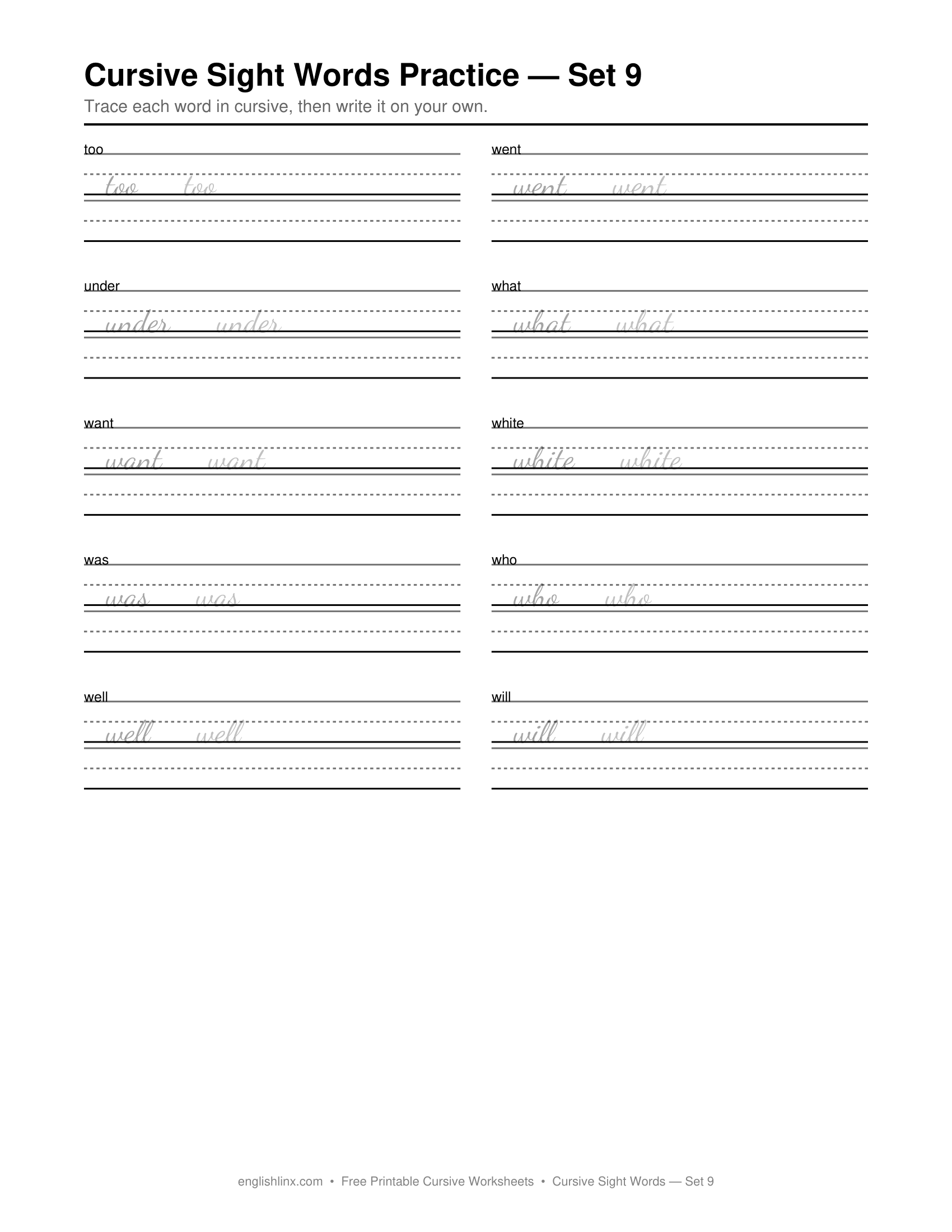 Cursive Sight Words Practice Set 9