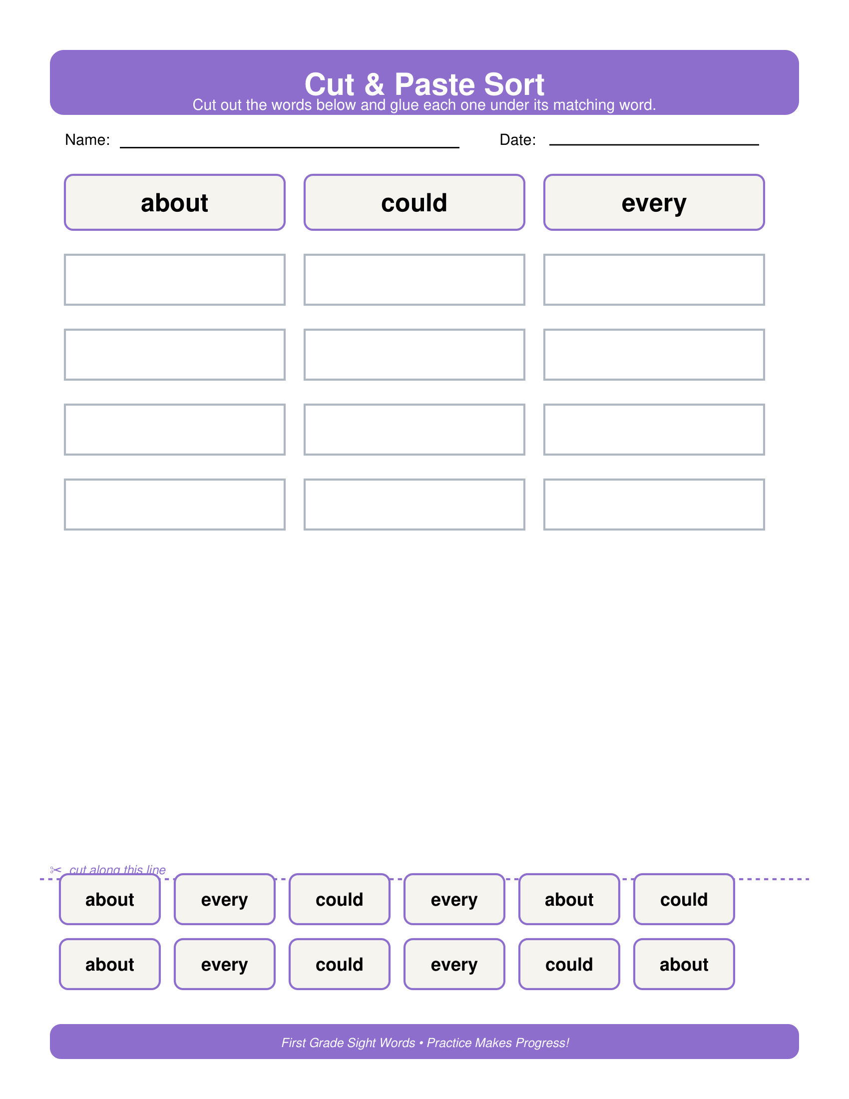 Cut and Paste Sort First Grade Sight Words Worksheets