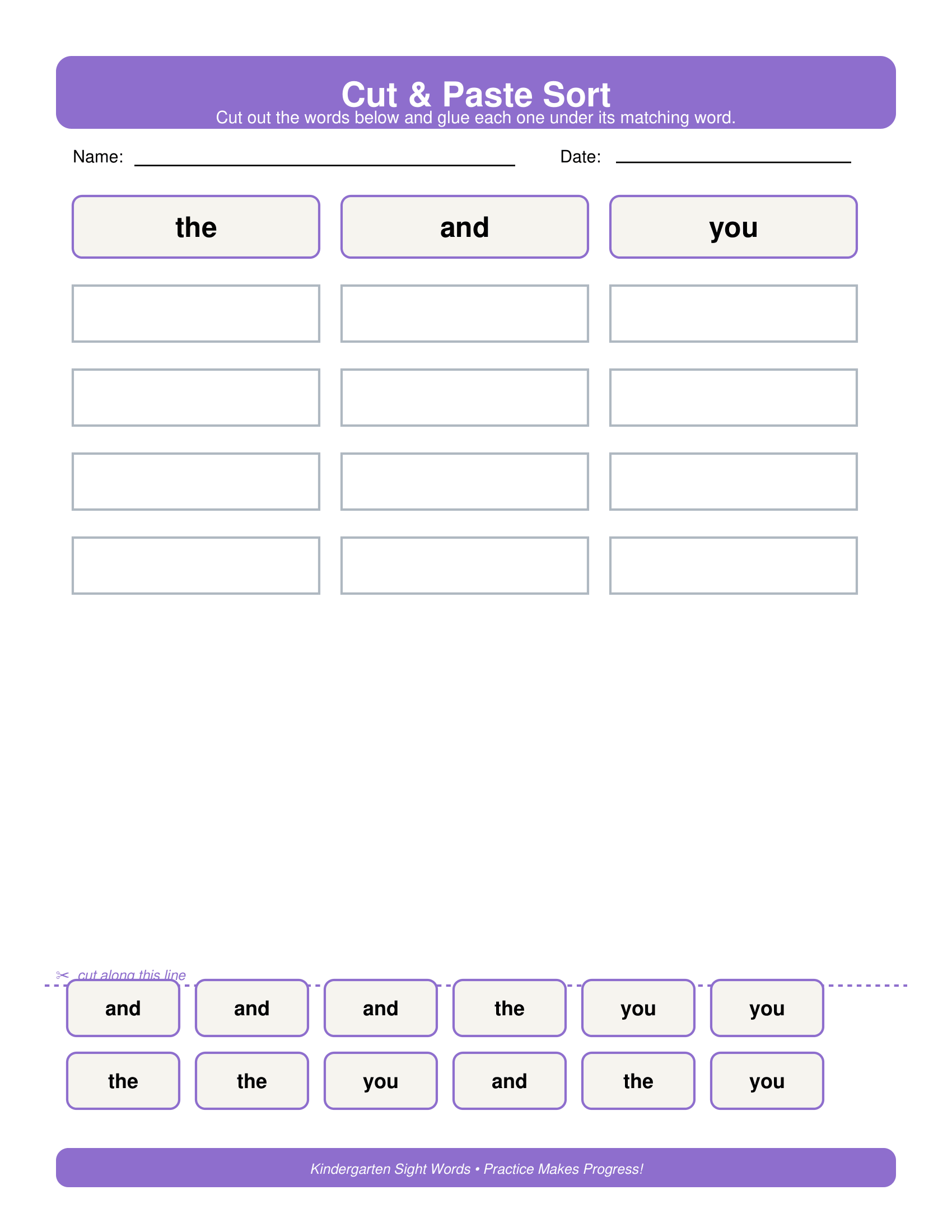 Cut and Paste Kindergarten Sight Words Worksheets