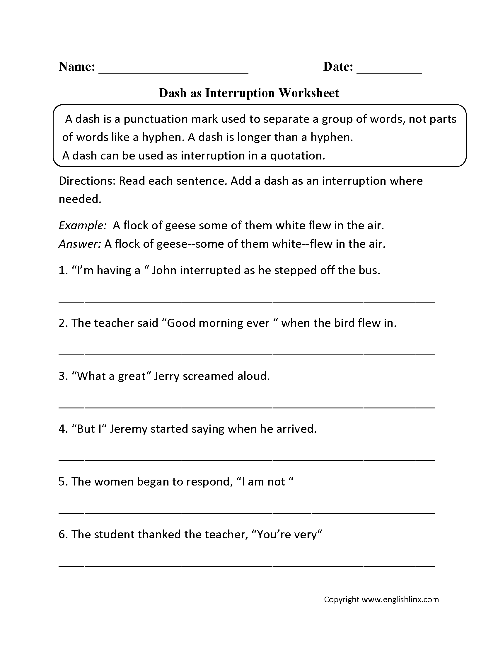 Punctuation Worksheets | Dash Worksheets