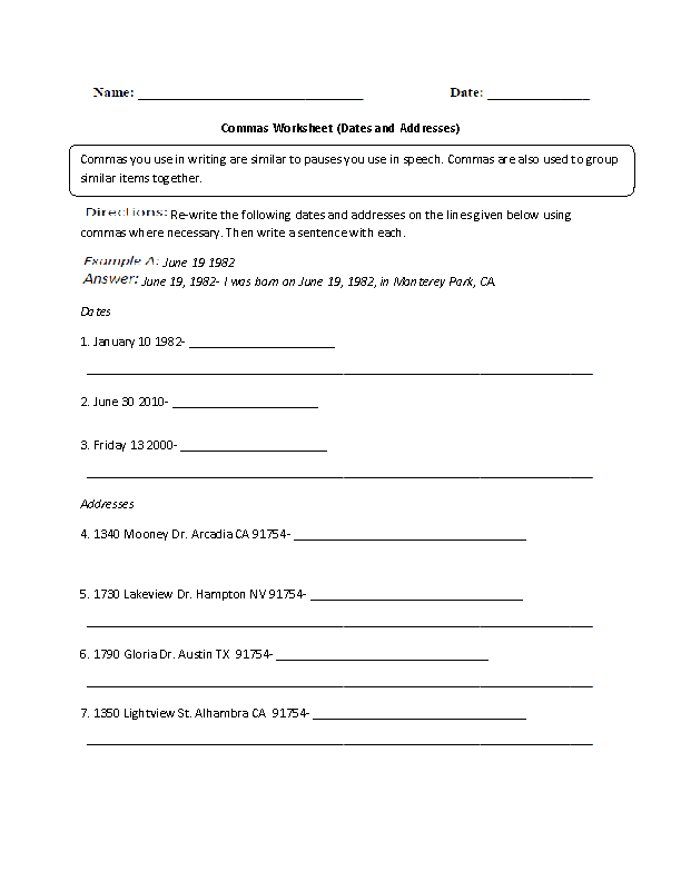 Dates and Addresses Commas Worksheet