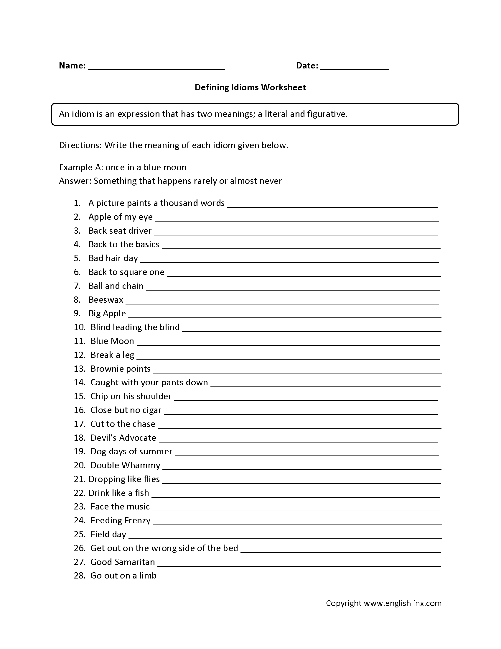 Defining Idioms Worksheet