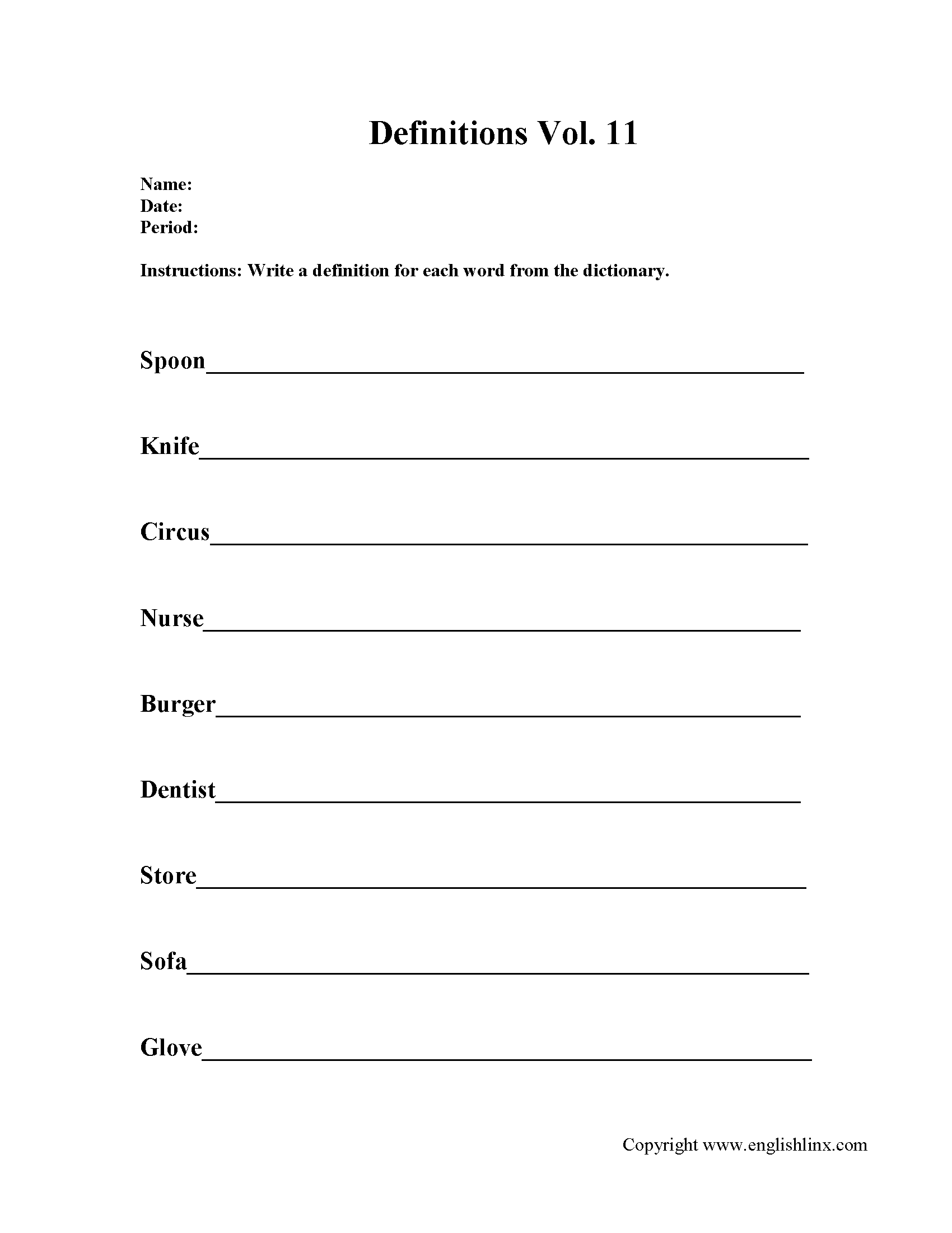 Writing Definition Worksheets Activity 11