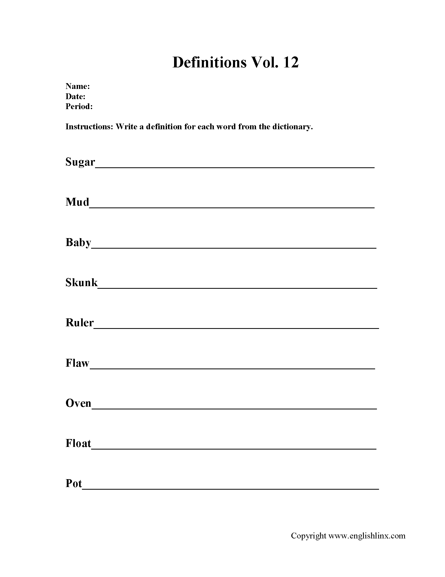 Writing Definition Worksheets Activity 12