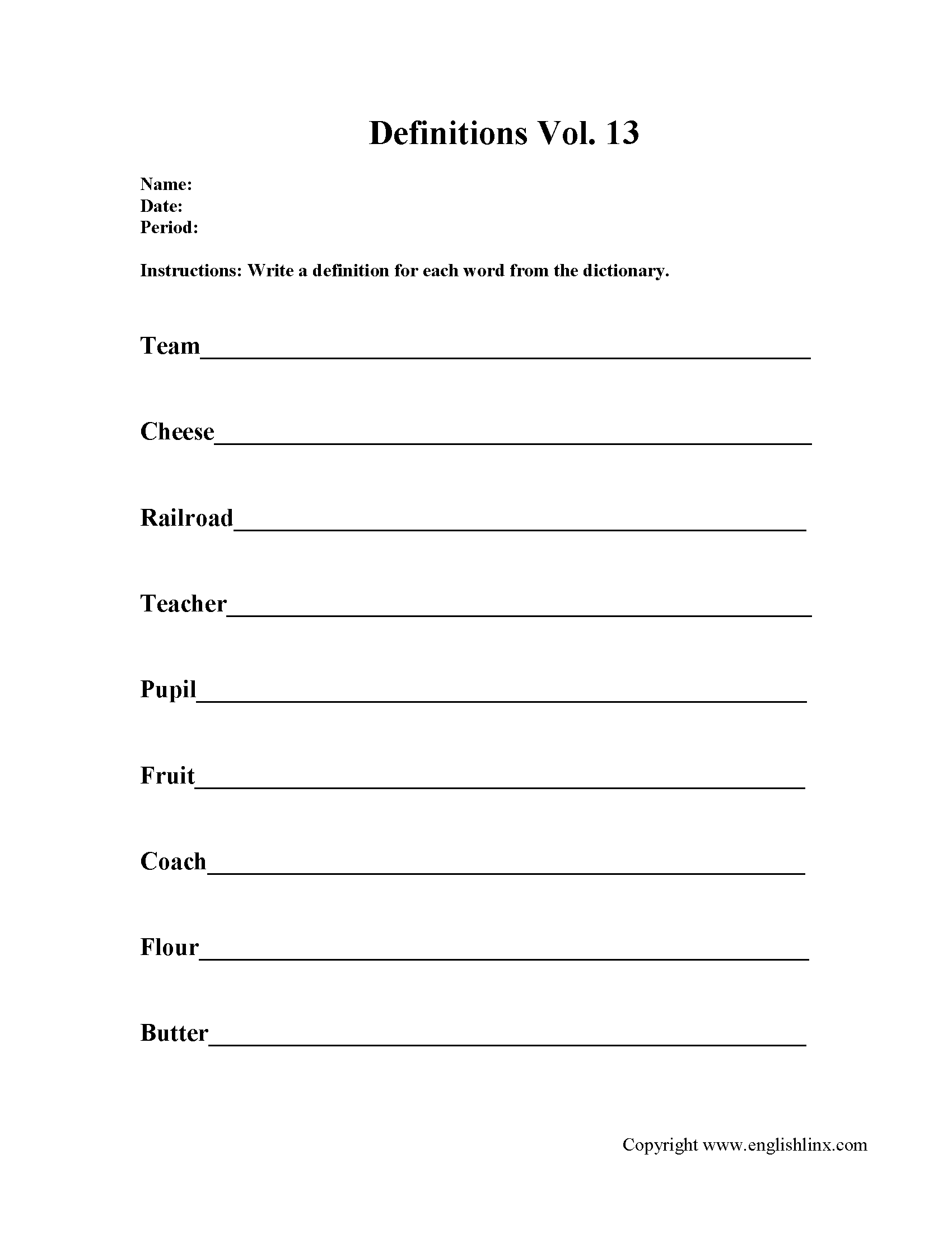 Writing Definition Worksheets Activity 13