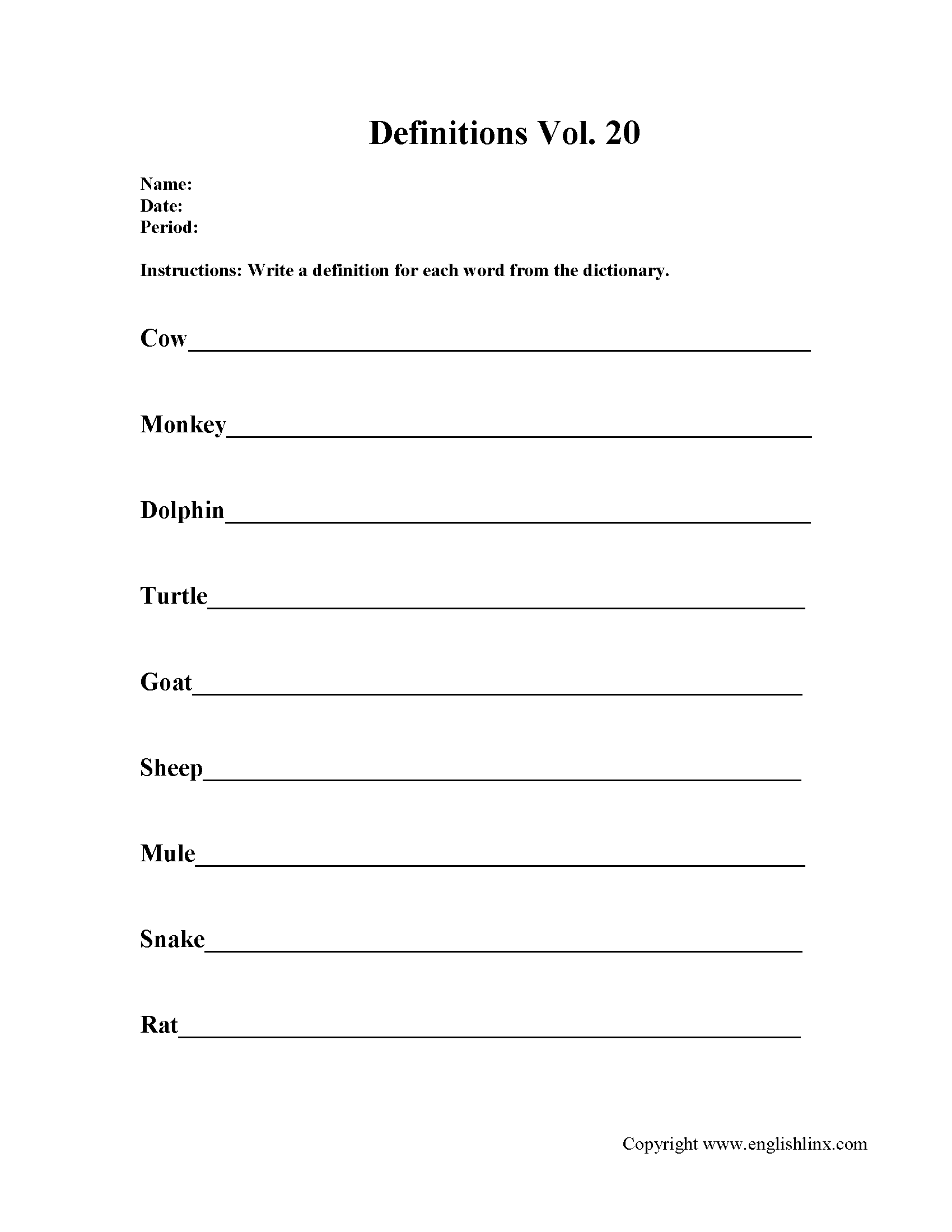 Writing Definition Worksheets Activity 20