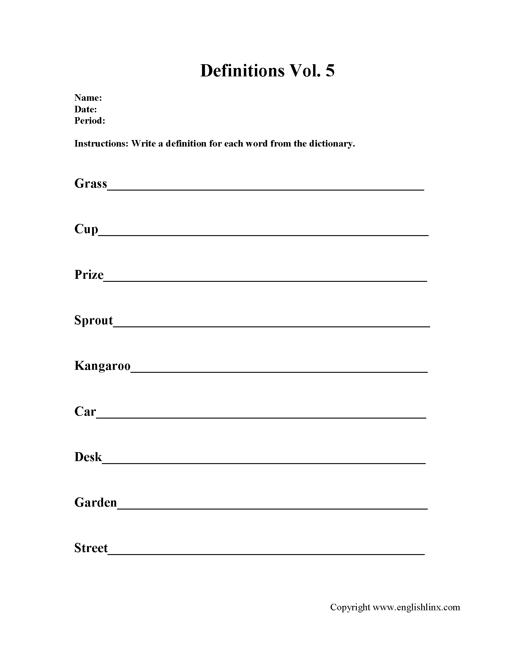 Writing Definition Worksheets Activity 5
