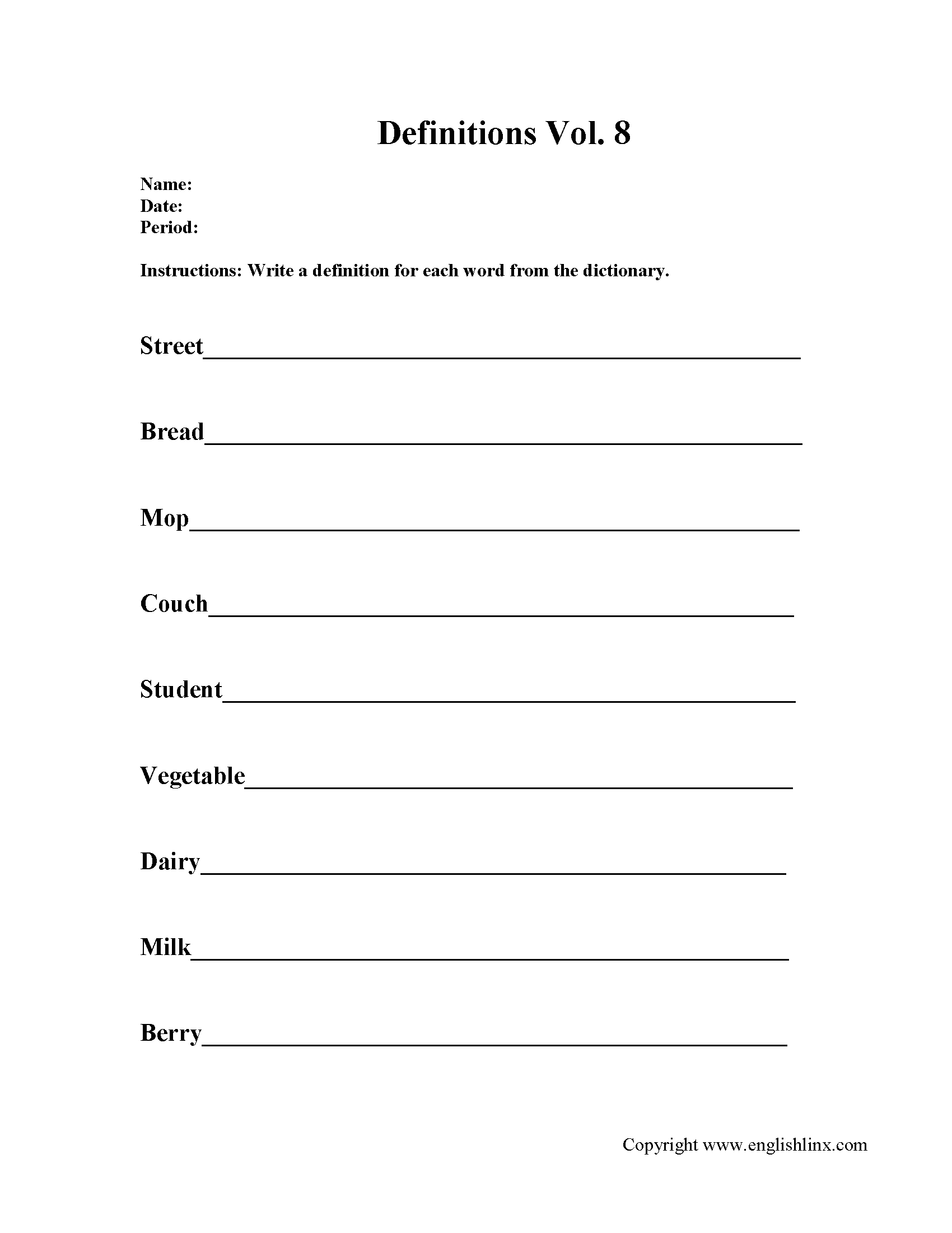 Writing Definition Worksheets Activity 8
