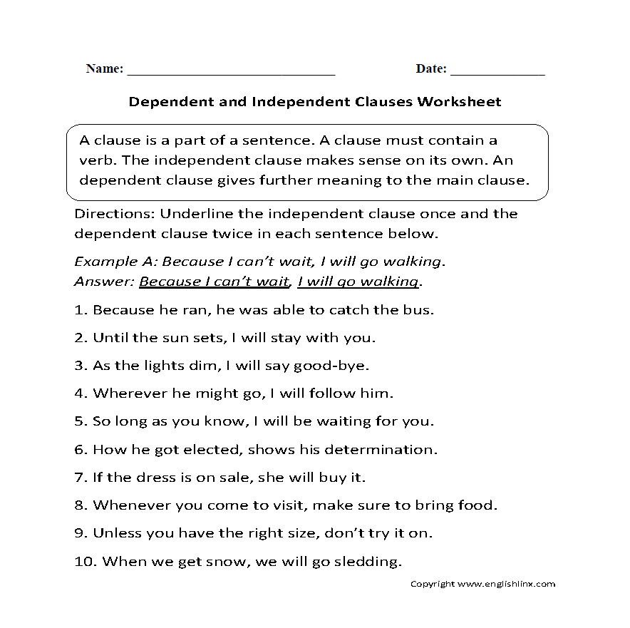 Dependent And Independent Sentences Exercises