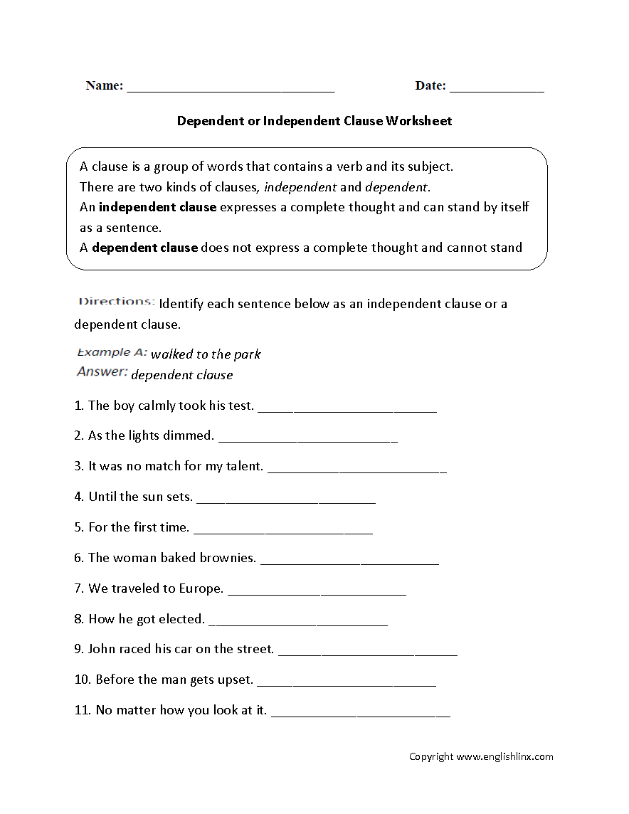 Dependent or Independent Clauses Worksheet