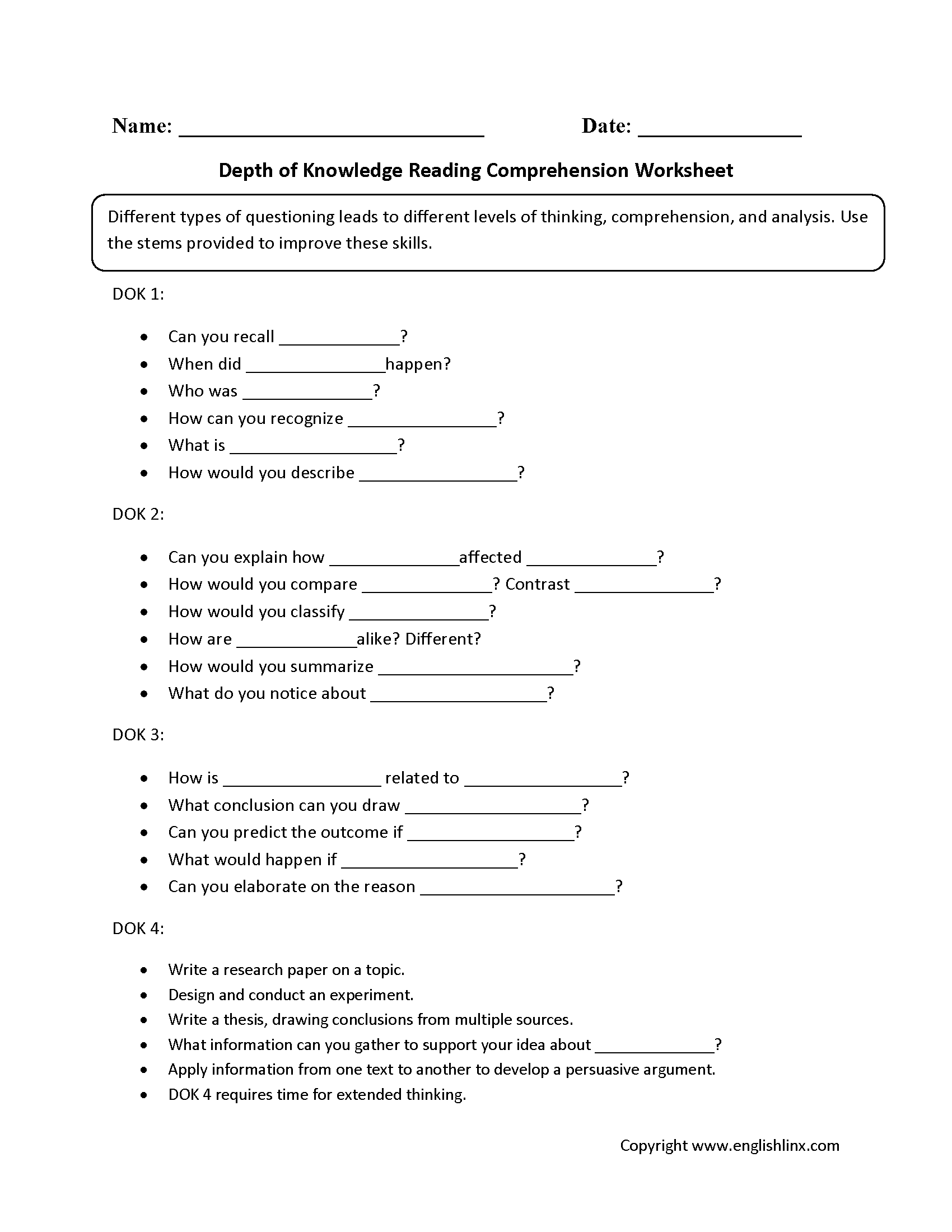 Cornell Notes Comprehension Worksheets