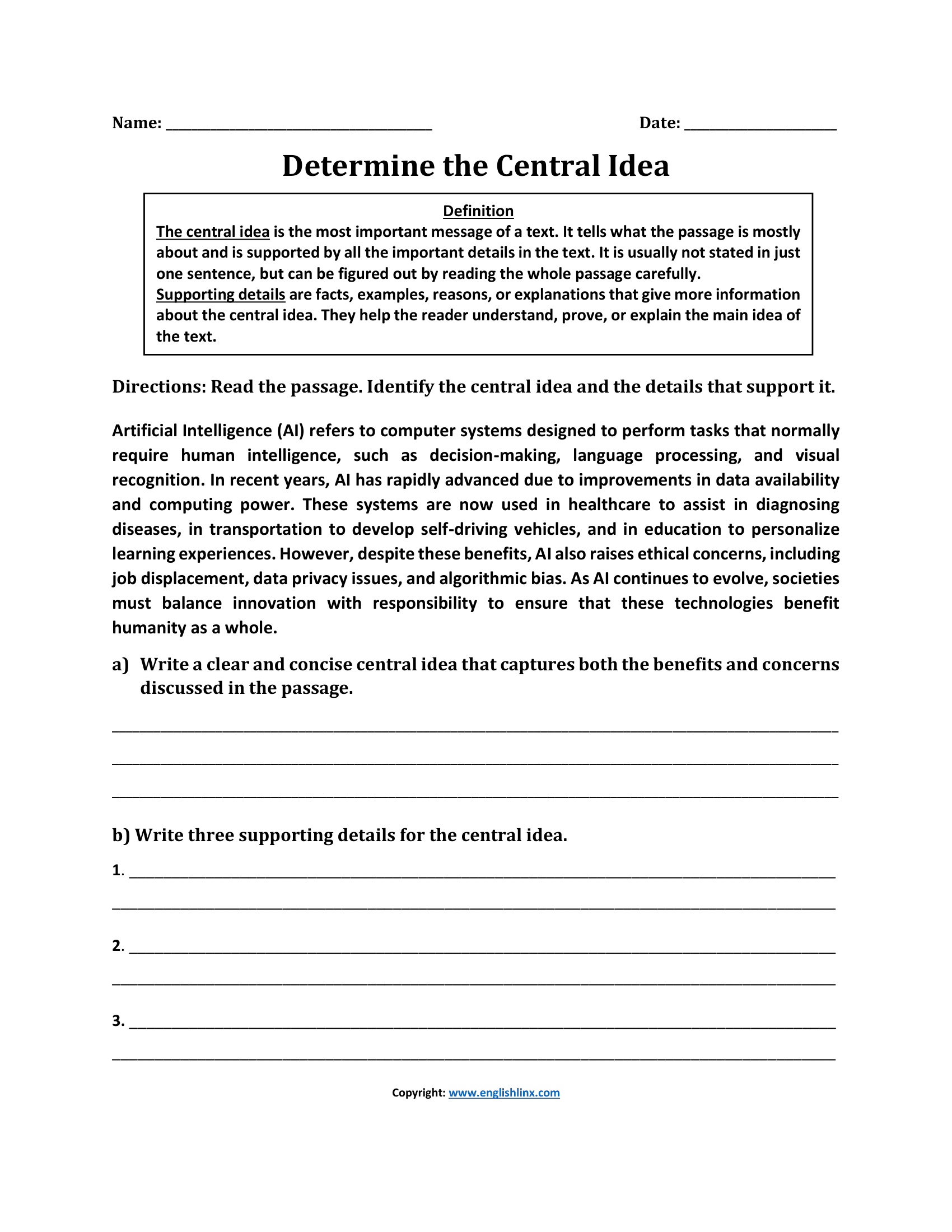 Determine Central Idea Worksheets