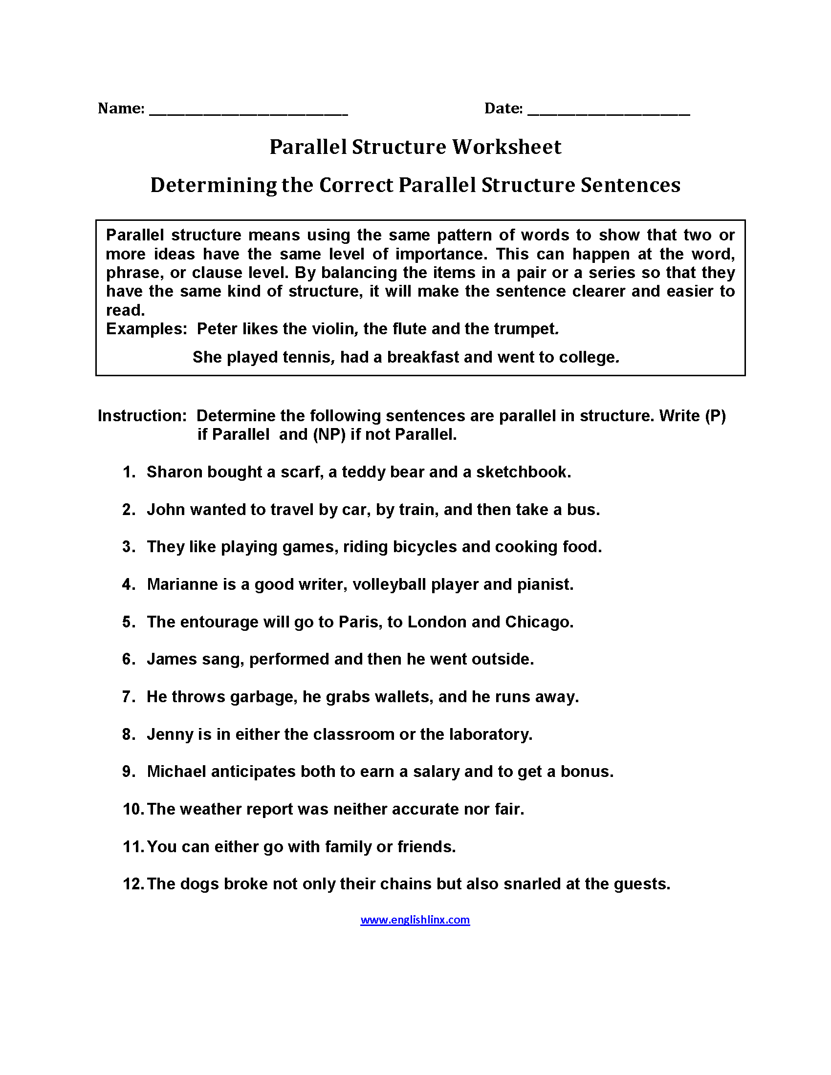 Determining Correct Parallel Structure Worksheets