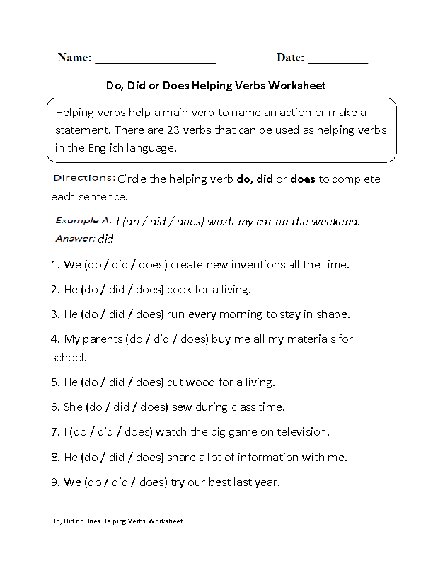 helping verbs worksheets do did or does helping verbs worksheet