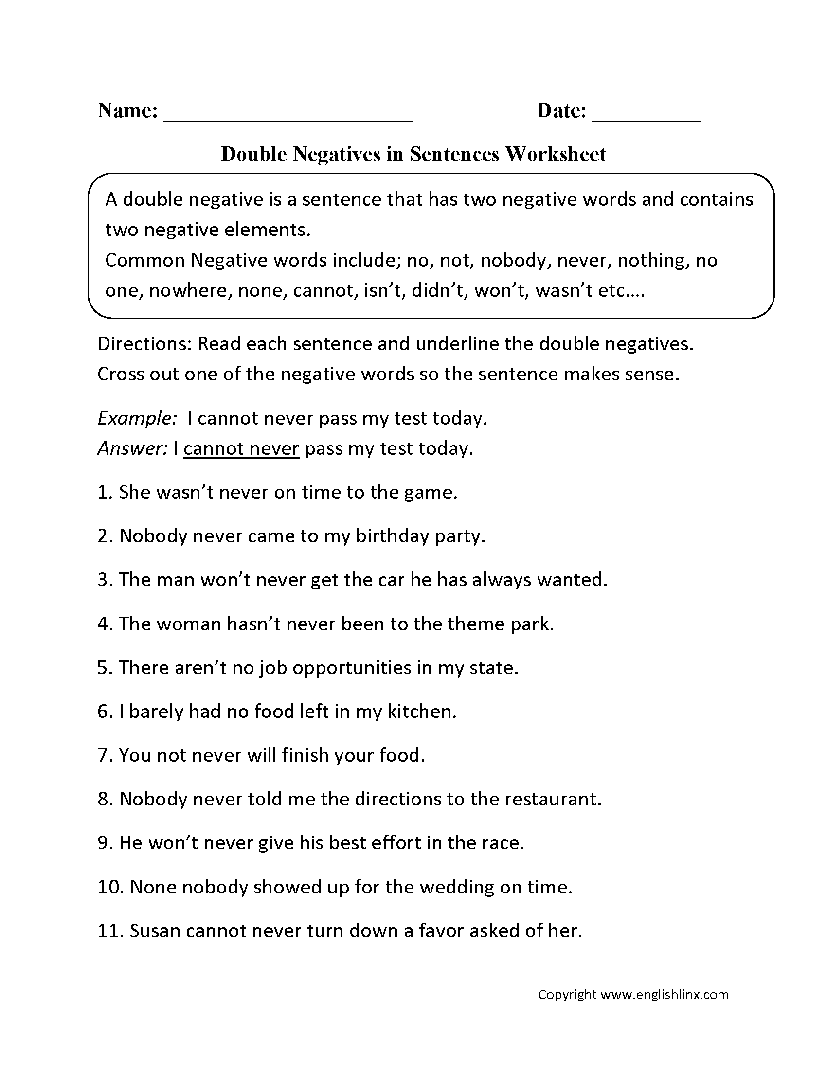 Double Negatives in Sentences Worksheet