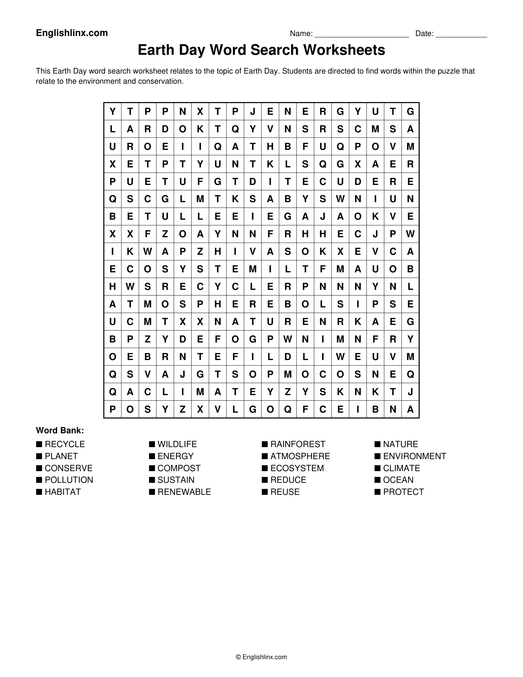 Earth Day Word Search Worksheets