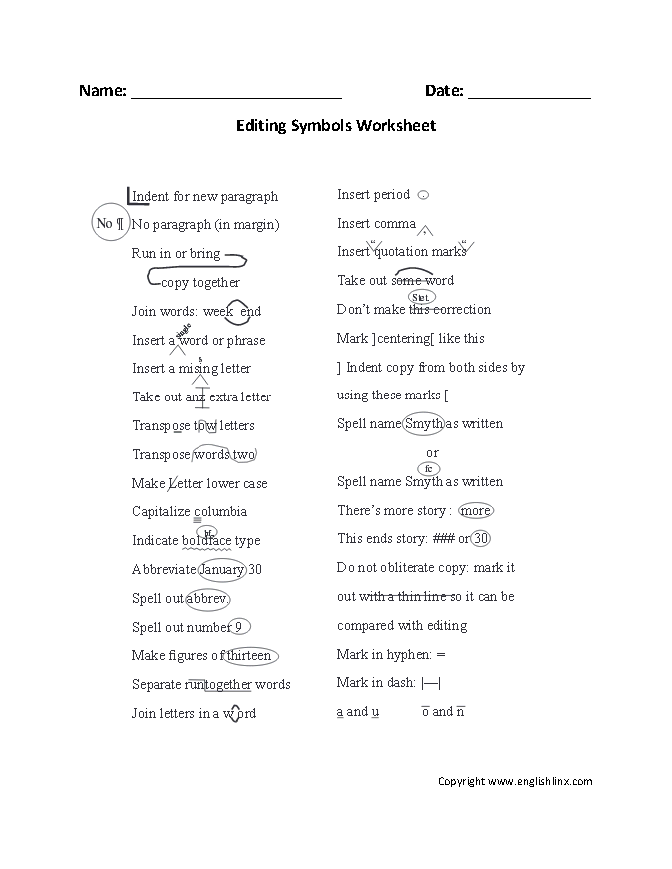 editing marks worksheet