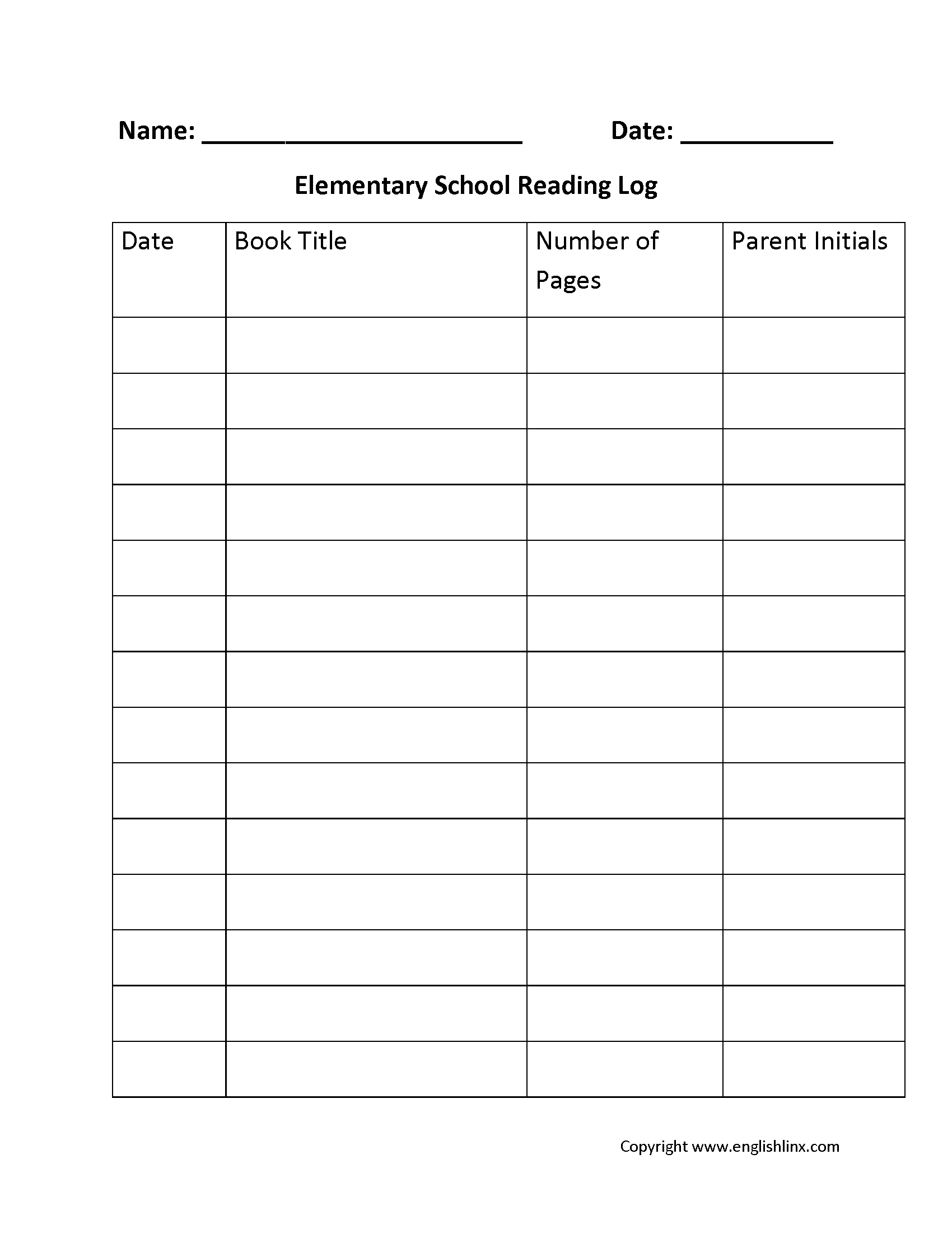 Elementary School Reading Logs Worksheet