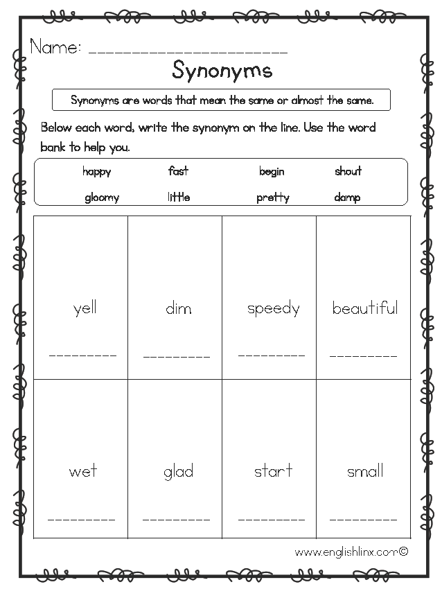 Elementary Synonyms Worksheets