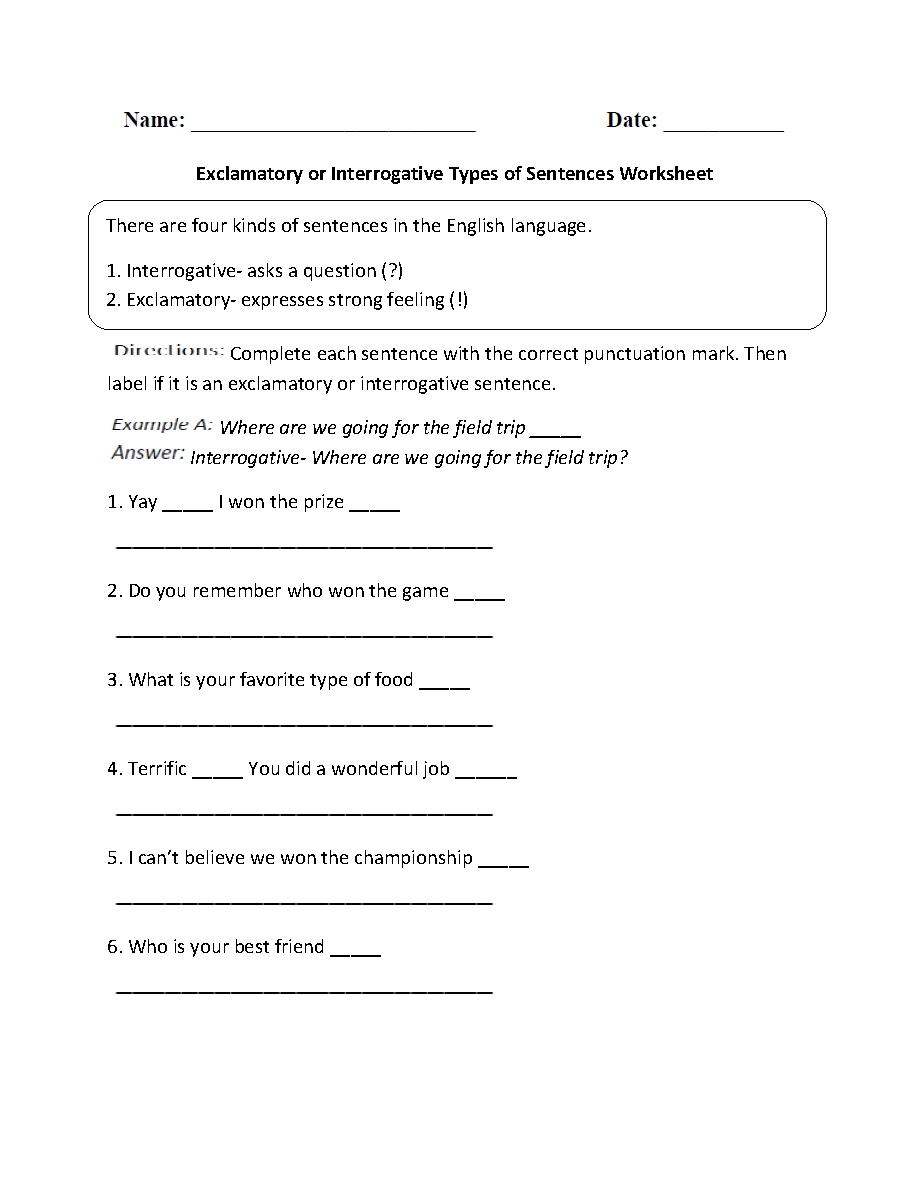 Exclamatory or Interrogative Types of Sentences Worksheet