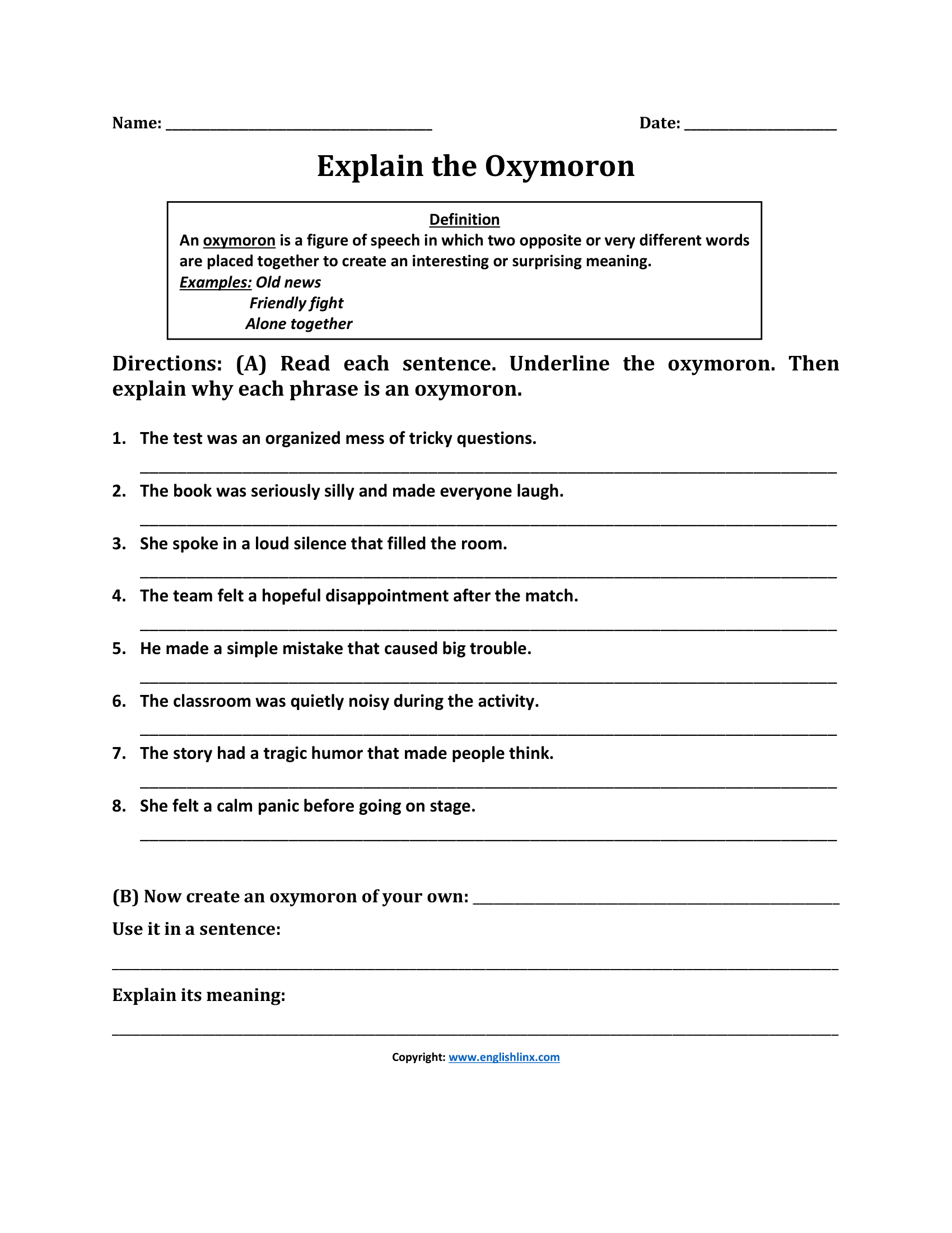 Explain the Oxymoron Worksheets