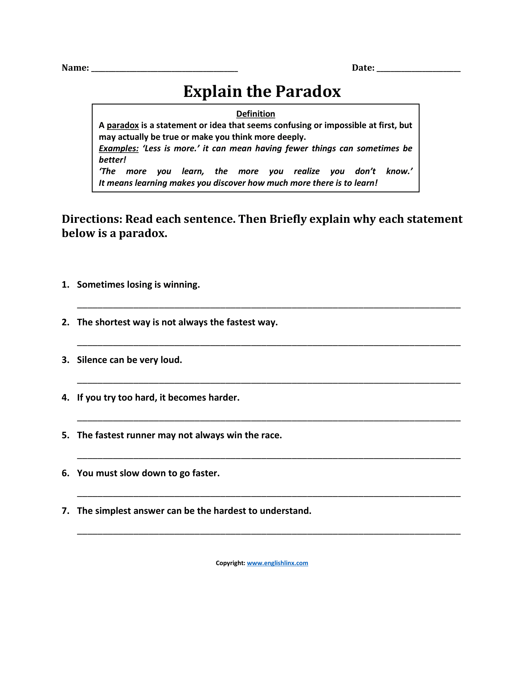 Explain the Paradox Worksheets