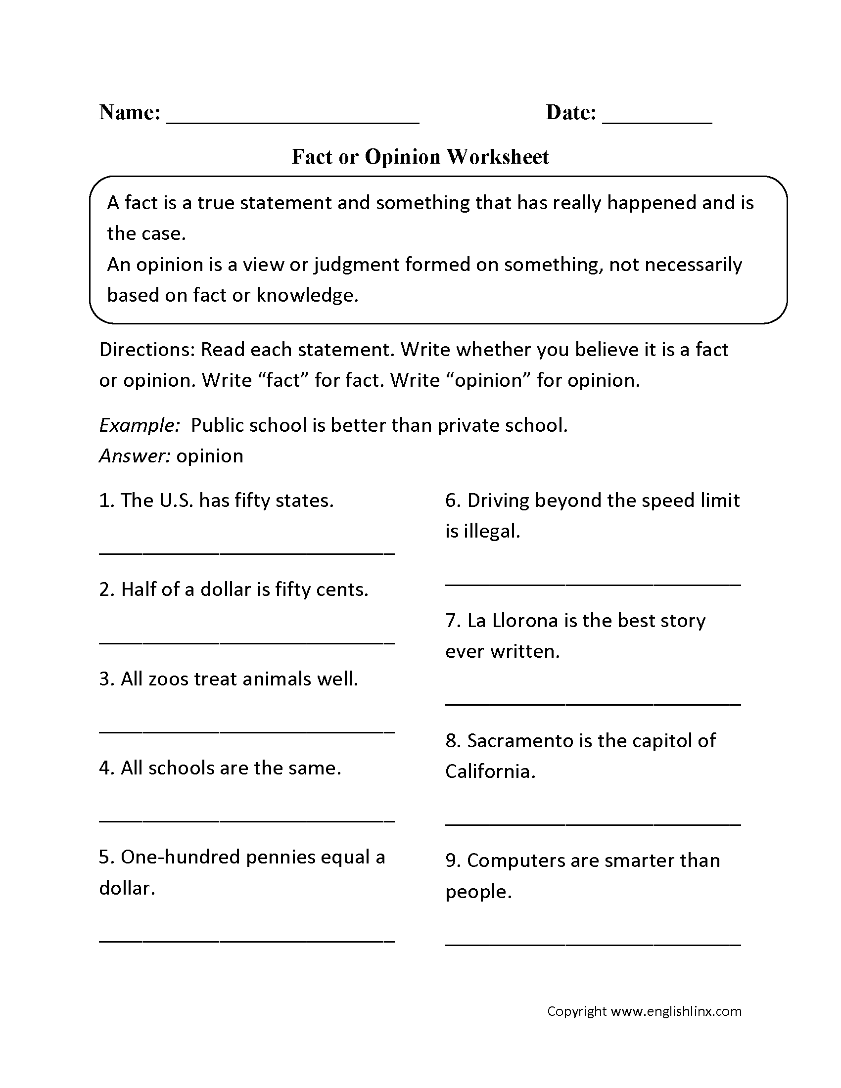 Reading Worksheets Fact And Opinion Worksheets