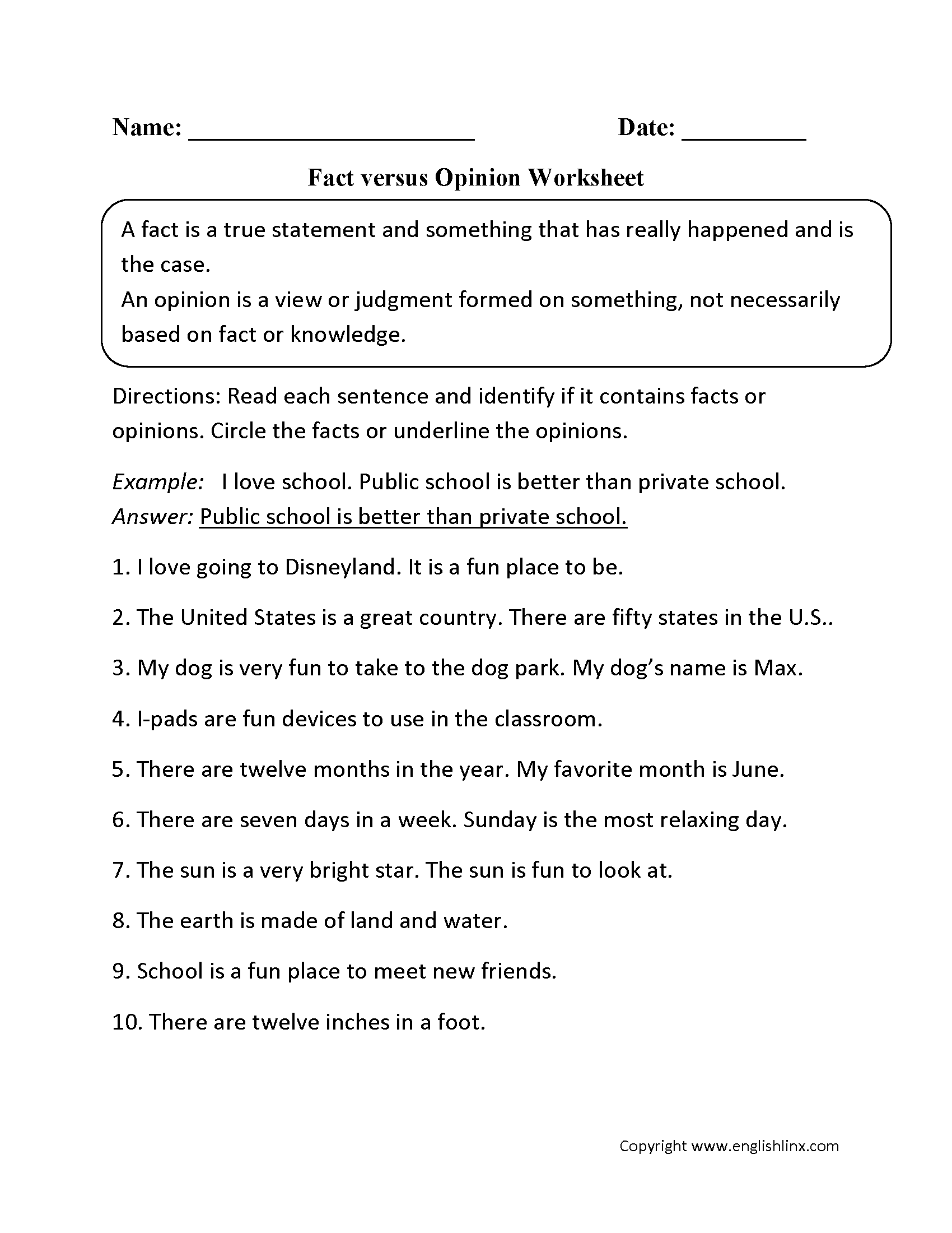 Reading Worksheets | Fact and Opinion Worksheets