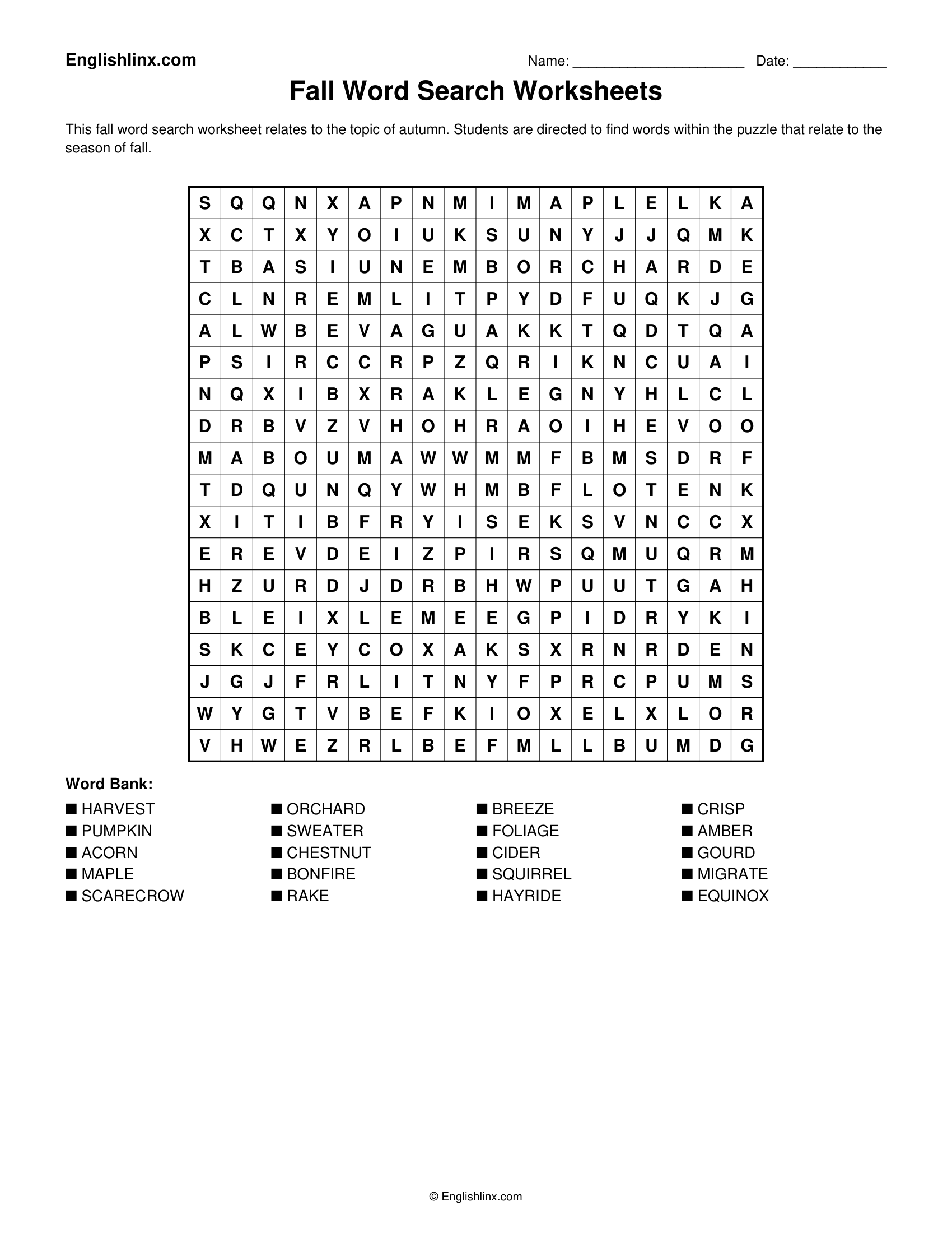 Fall Word Search Worksheets