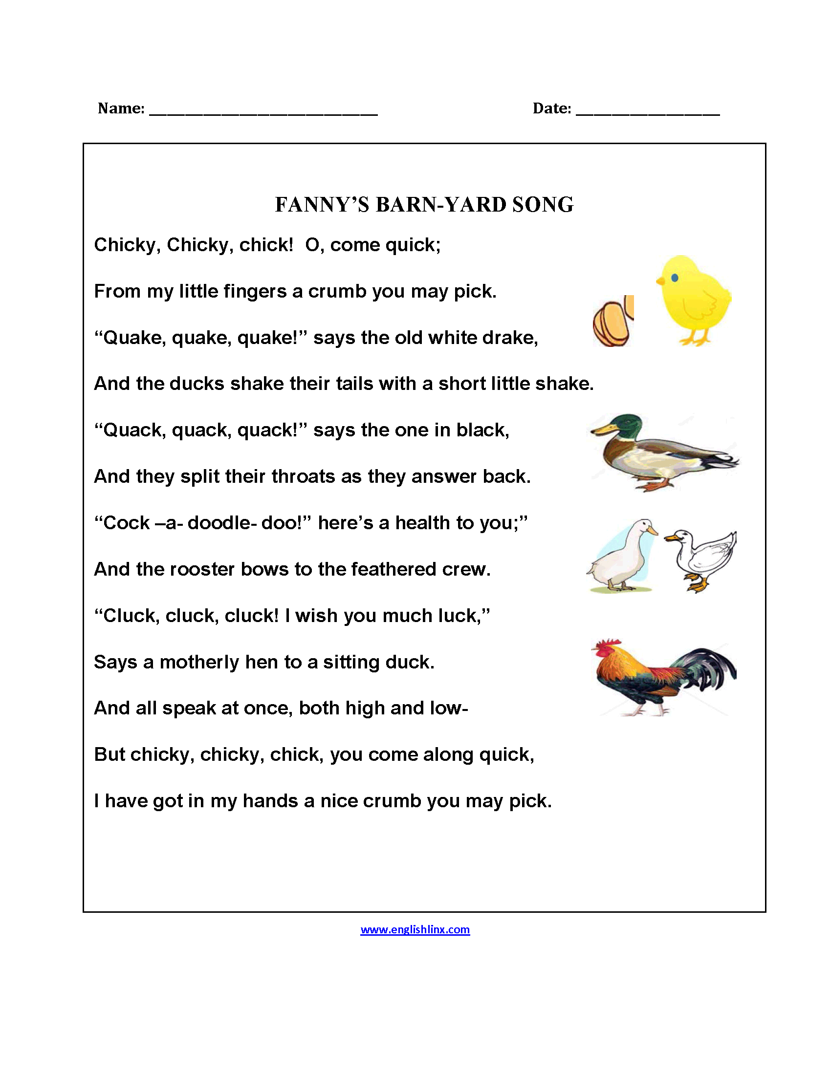 Fanny's Barnyard Song Poetry Worksheets