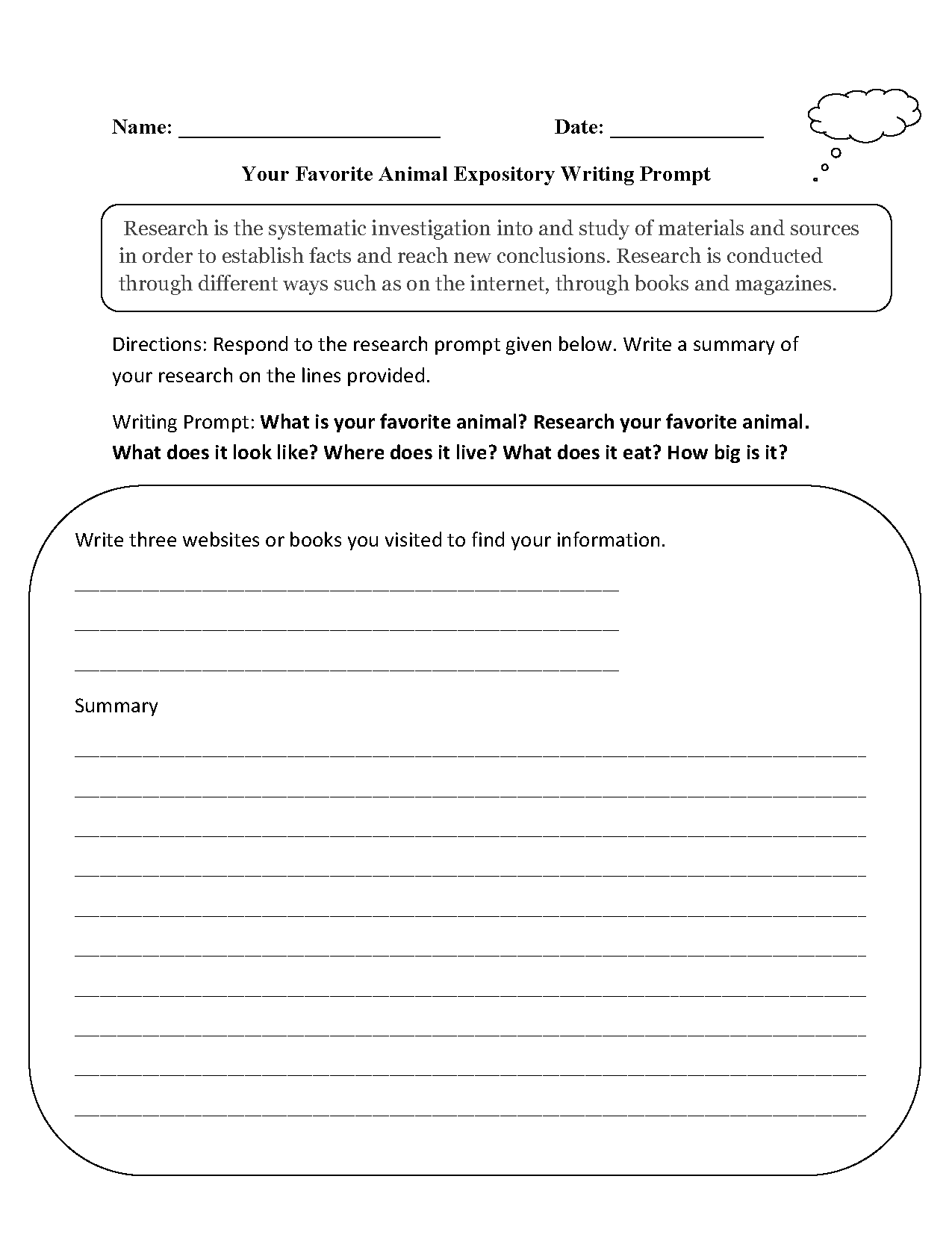 Favorite Animal Expository Writing Prompt Worksheet