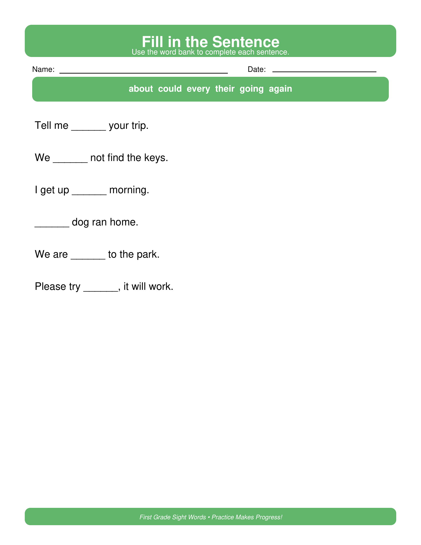 Fill in the Sentence First Grade Sight Words Worksheets