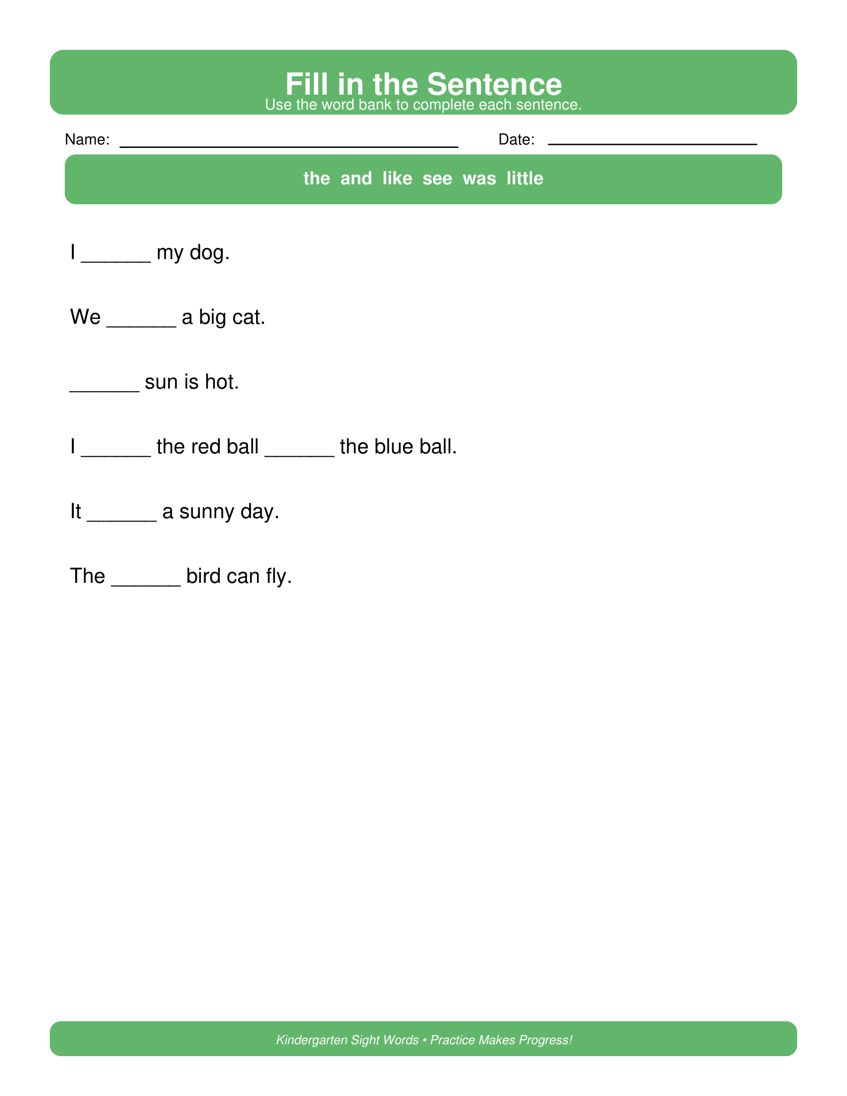 Fill in the Sentence Kindergarten Sight Words Worksheets