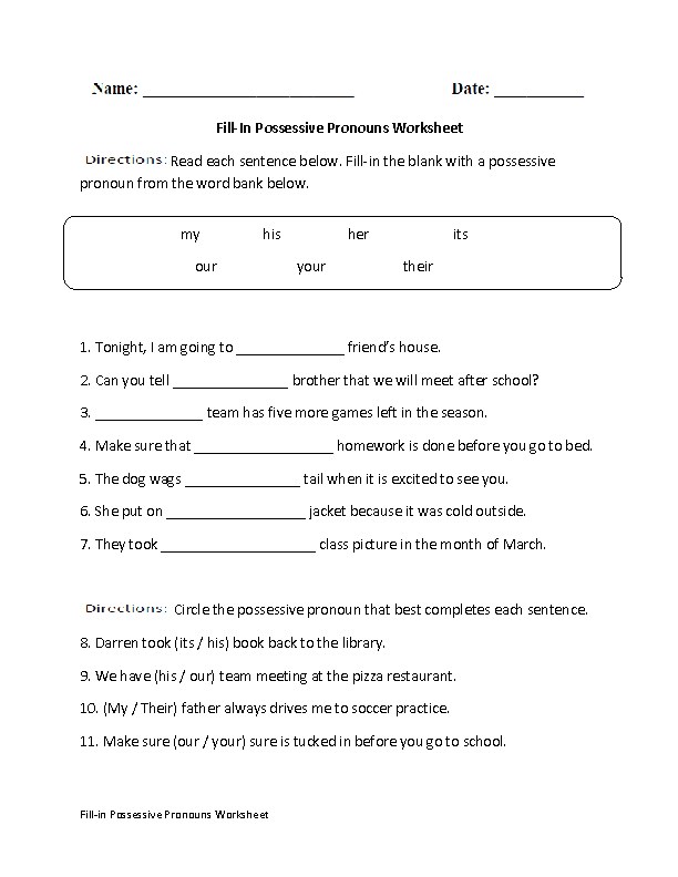 Fill-in Possessive Pronouns Worksheet