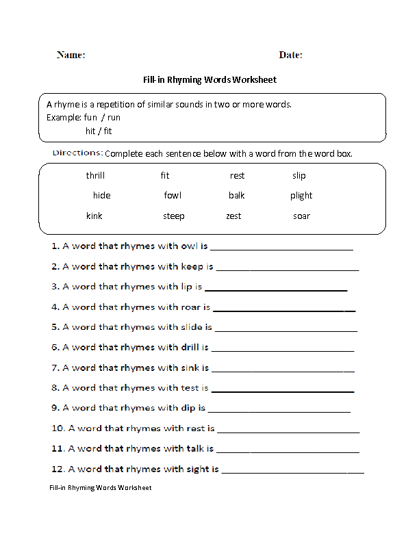 Fill-in Rhyming Word Worksheet