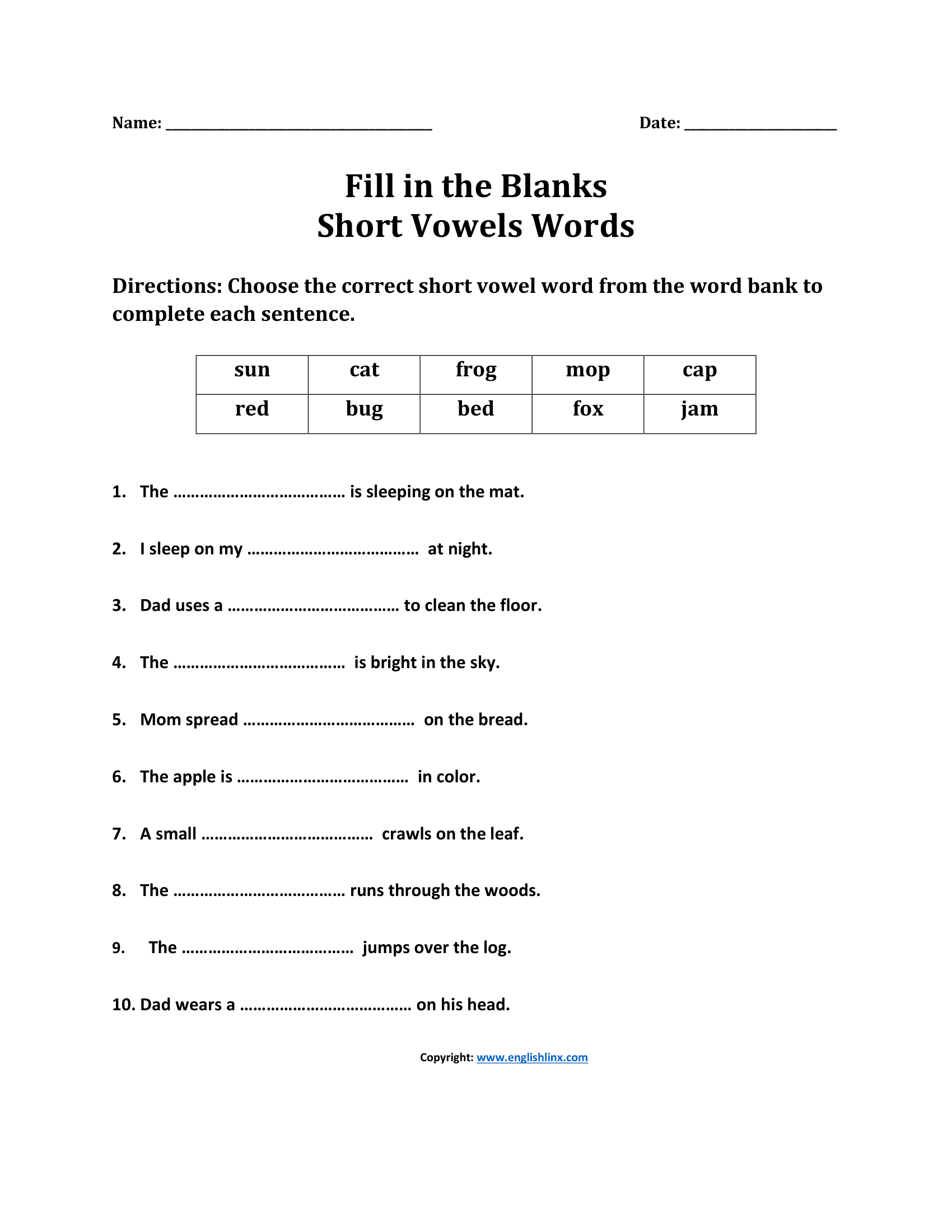 Fill In Short Vowels Sounds Worksheets