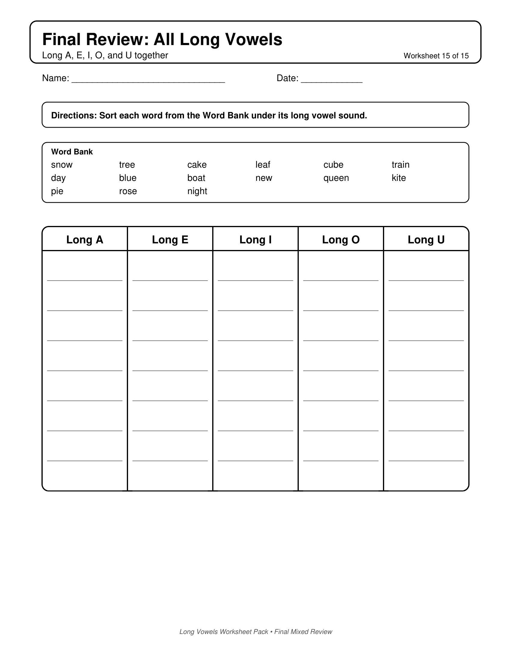 Final Mixed Review Long Vowels Worksheets