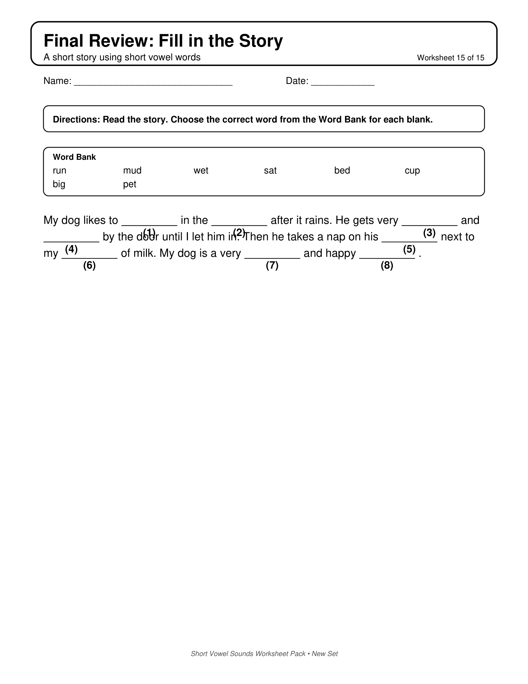 Final Review Close Passage Short Vowels Sounds Worksheets
