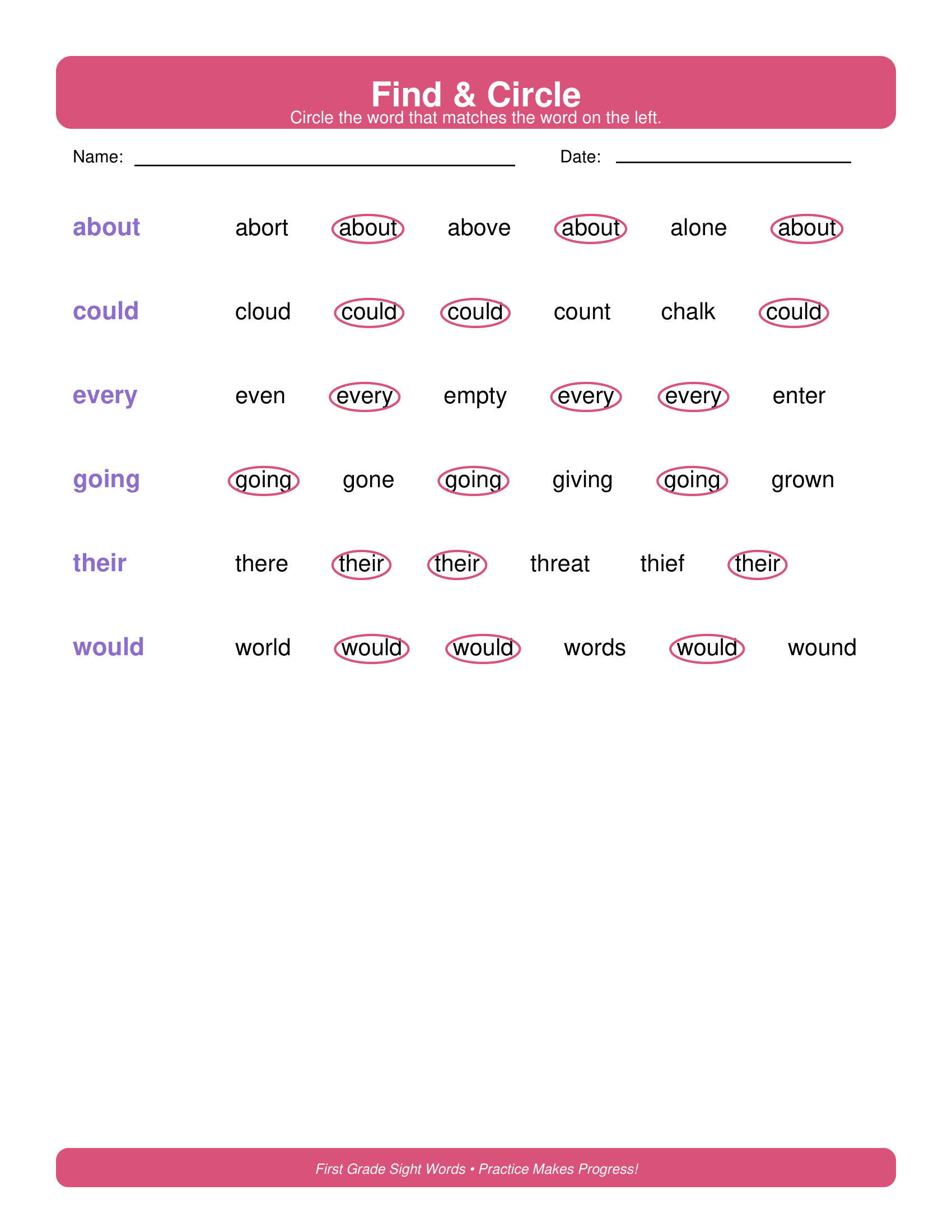 Find and Circle First Grade Sight Words Worksheets