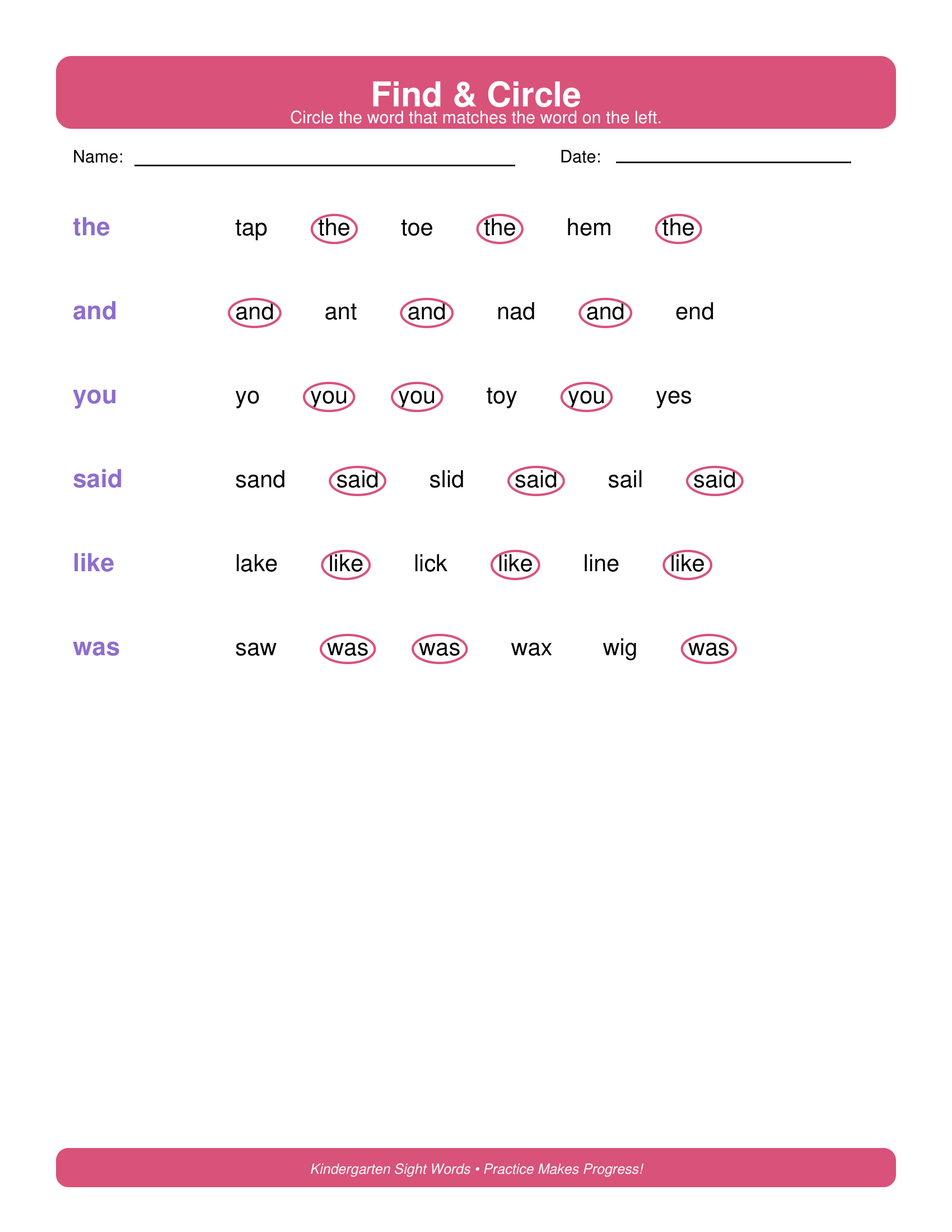Find and Circle Kindergarten Sight Words Worksheets