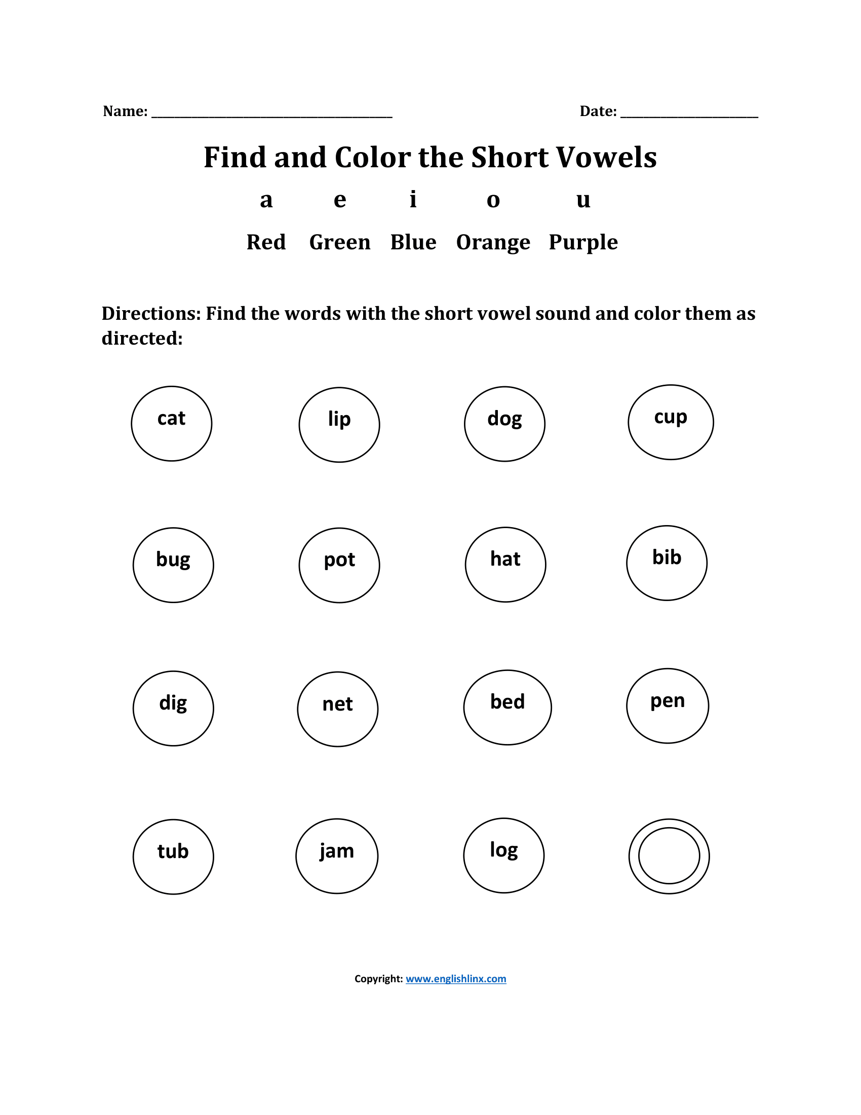 Find and Color Short Vowels Sounds Worksheets